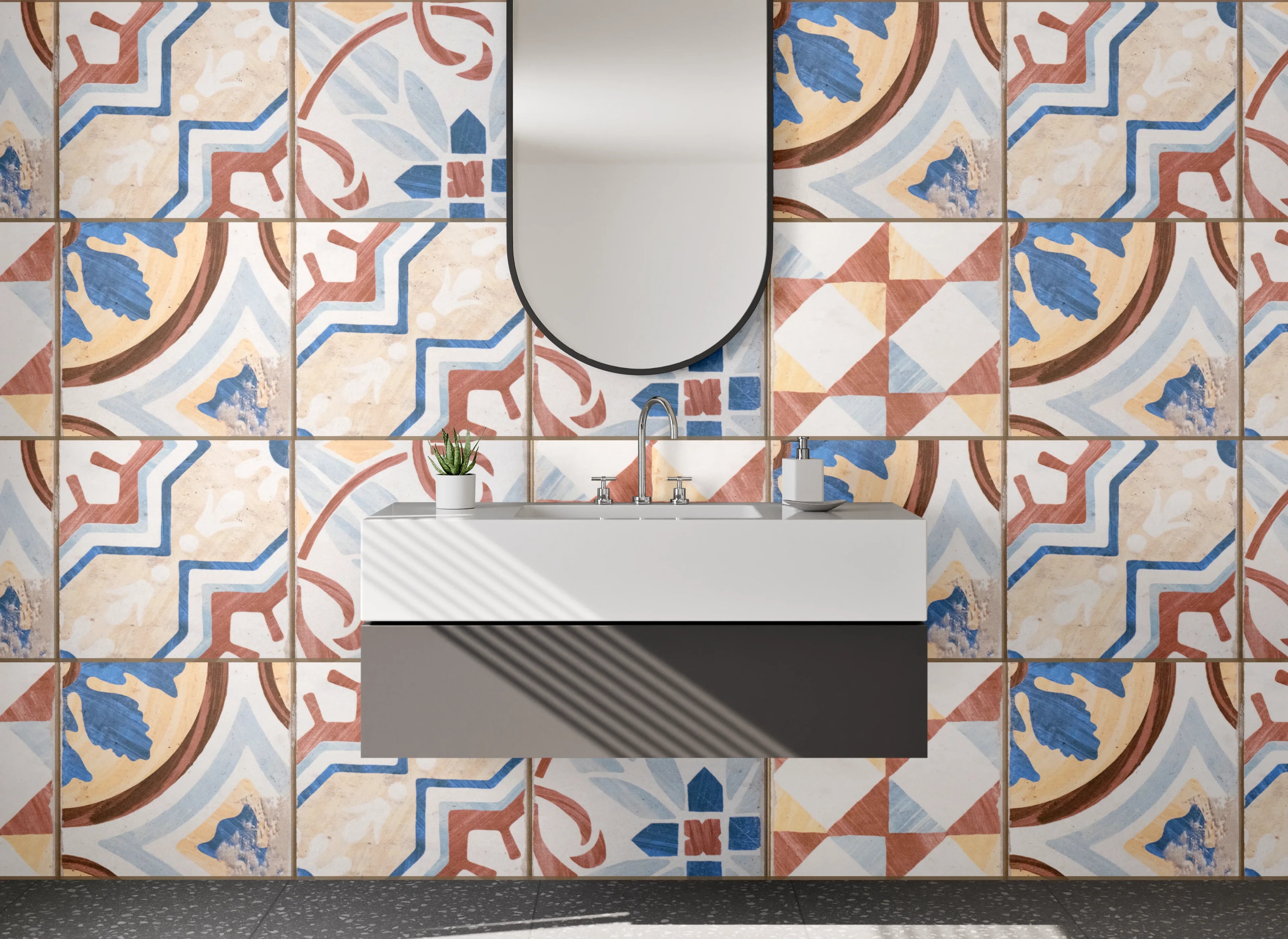 Waschbecken-Rückwand - Vintage Fliesenmuster Blau Rot Braun