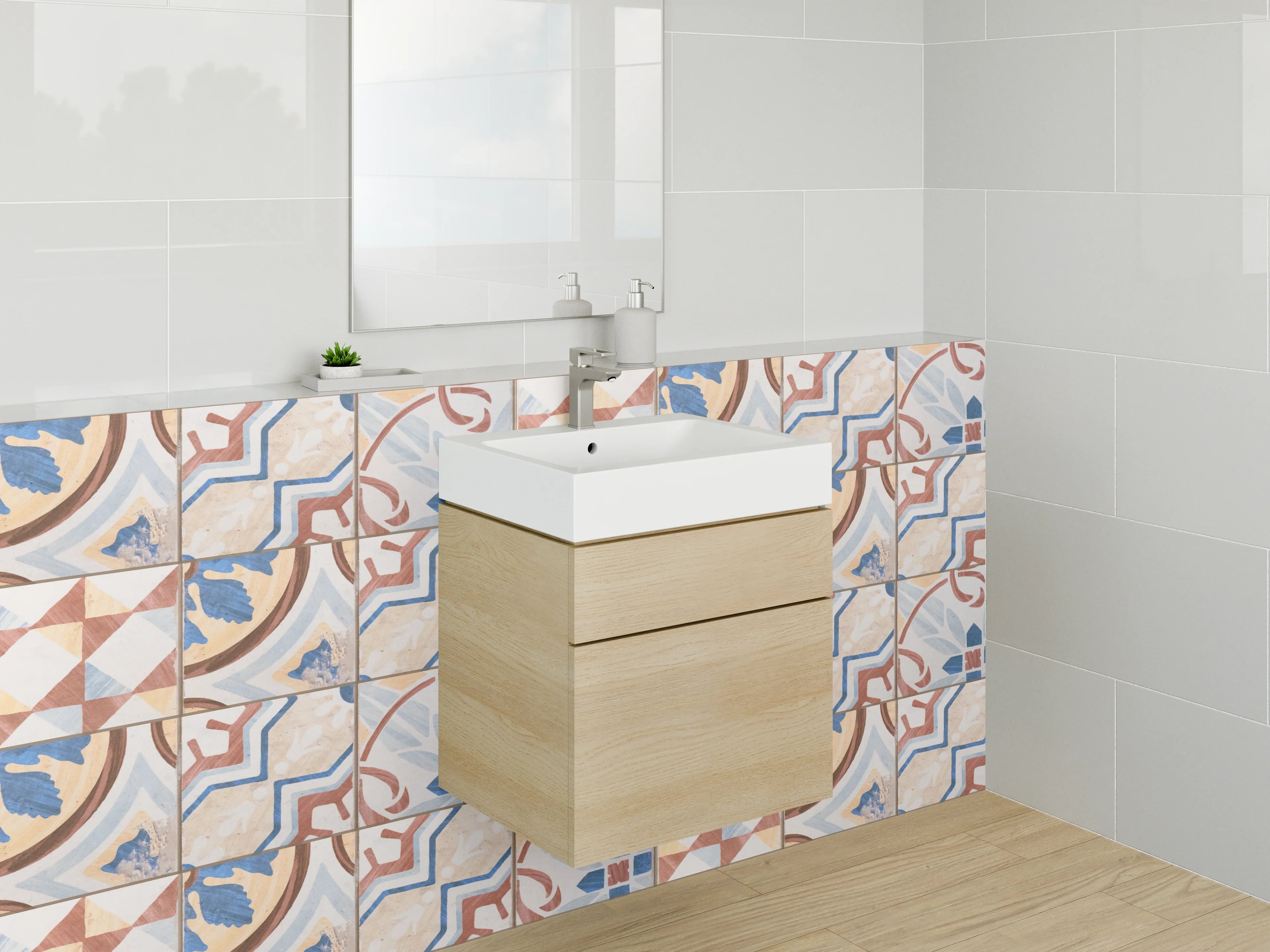 Waschbecken-Rückwand - Vintage Fliesenmuster Blau Rot Braun