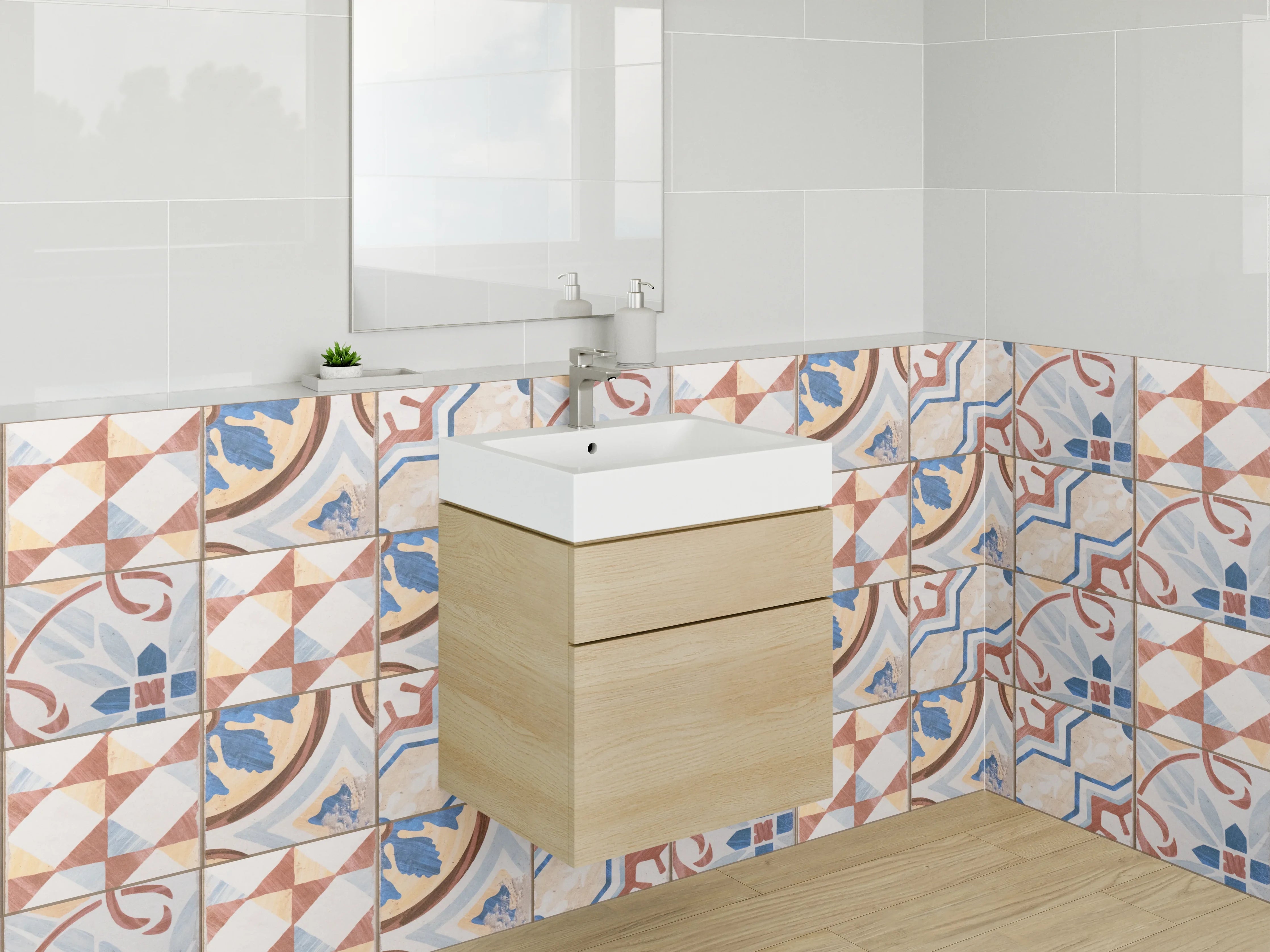 Waschbecken-Rückwand - Vintage Fliesenmuster Blau Rot Braun