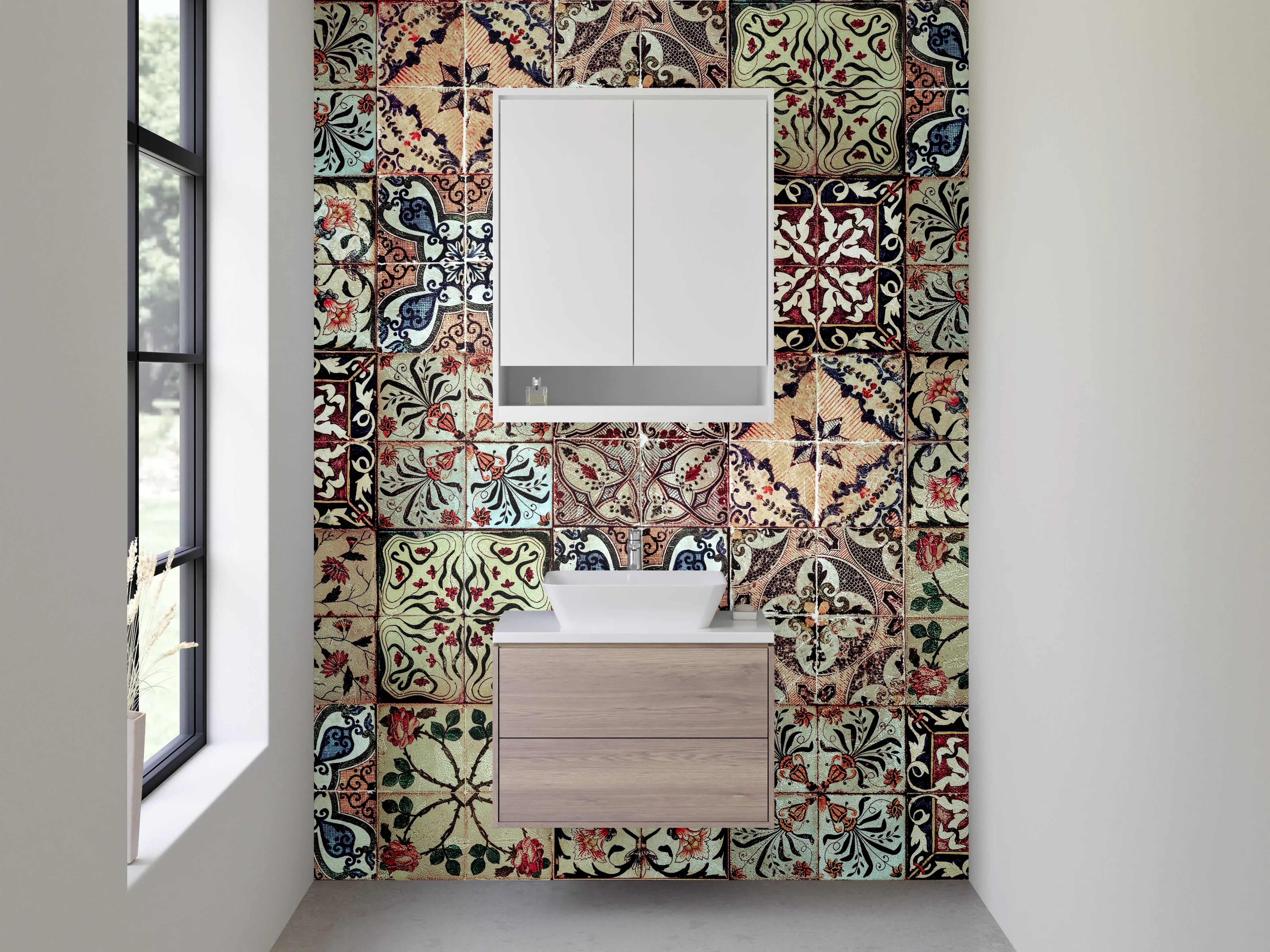 Waschbecken-Rückwand - Vintage Fliesenmuster Bunt Retro