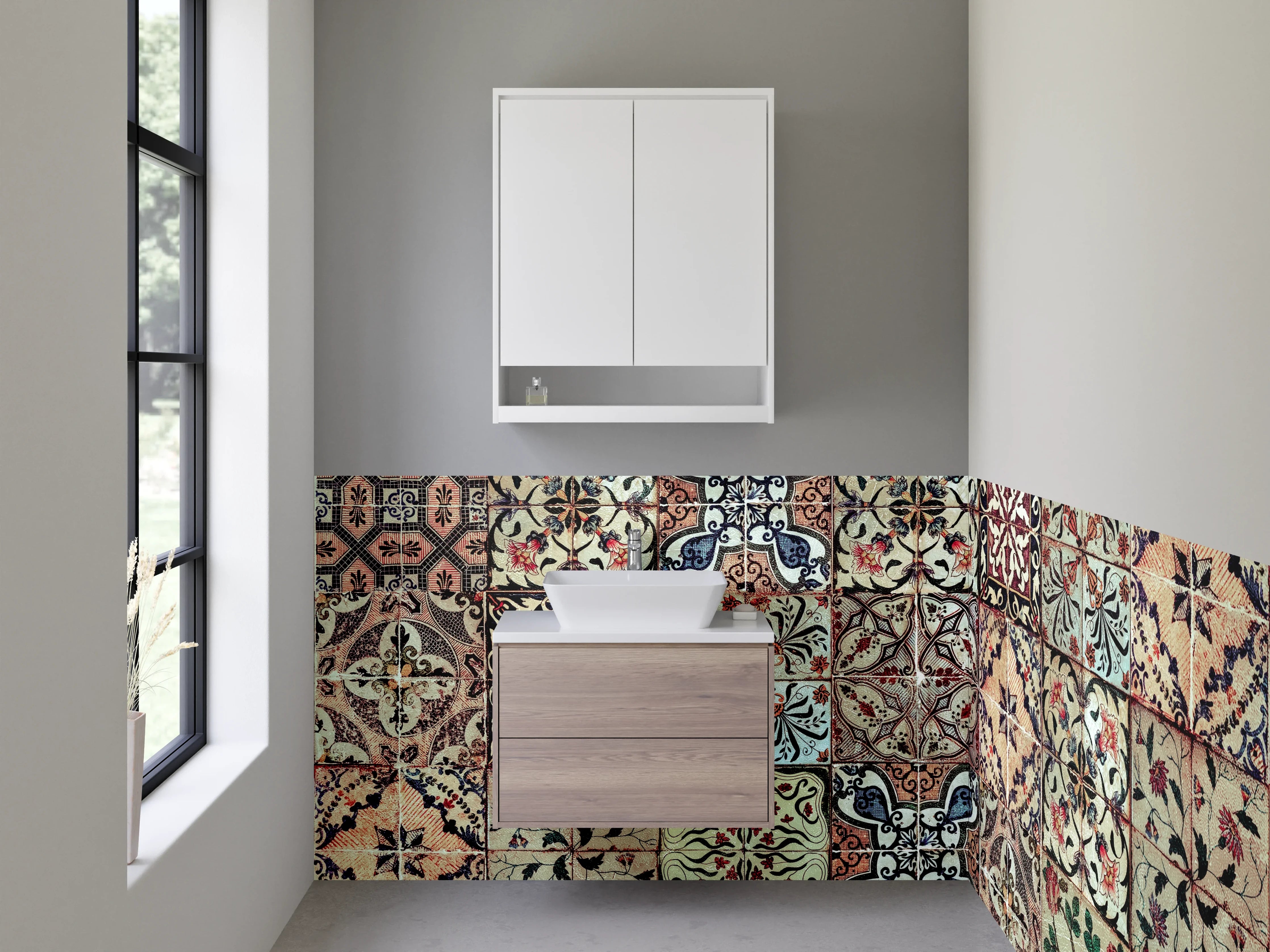 Waschbecken-Rückwand - Vintage Fliesenmuster Bunt Retro