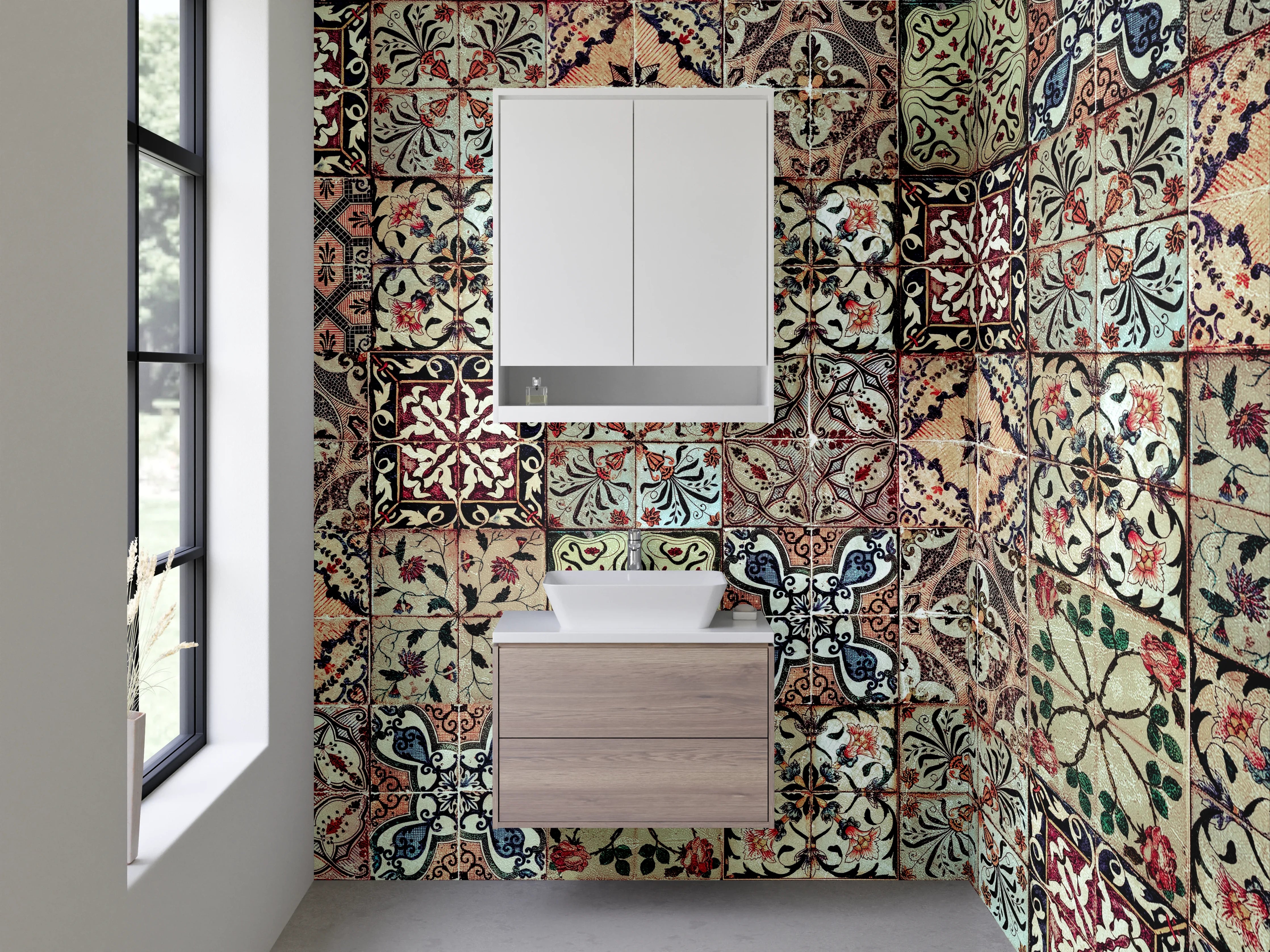 Waschbecken-Rückwand - Vintage Fliesenmuster Bunt Retro