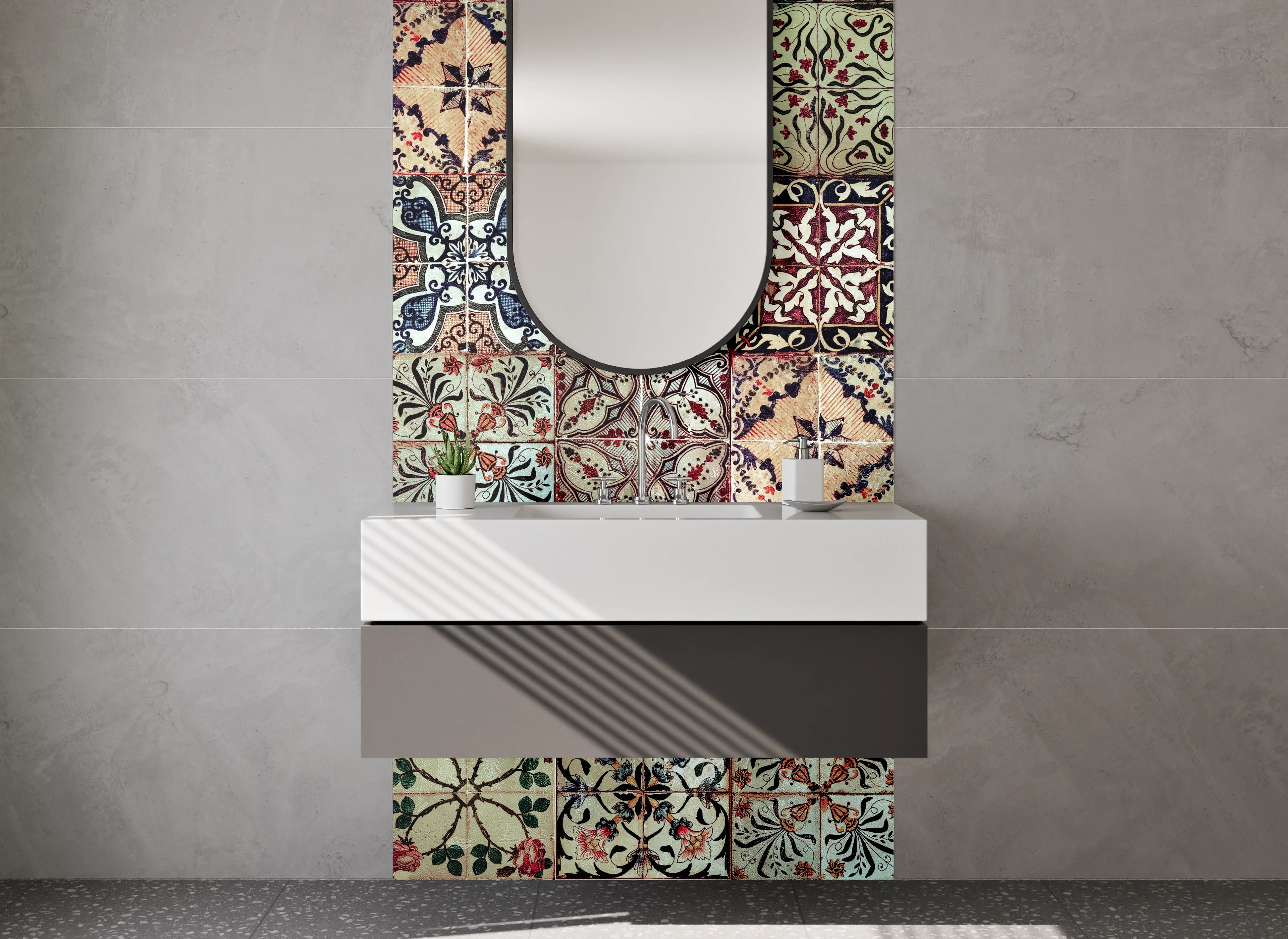 Waschbecken-Rückwand - Vintage Fliesenmuster Bunt Retro