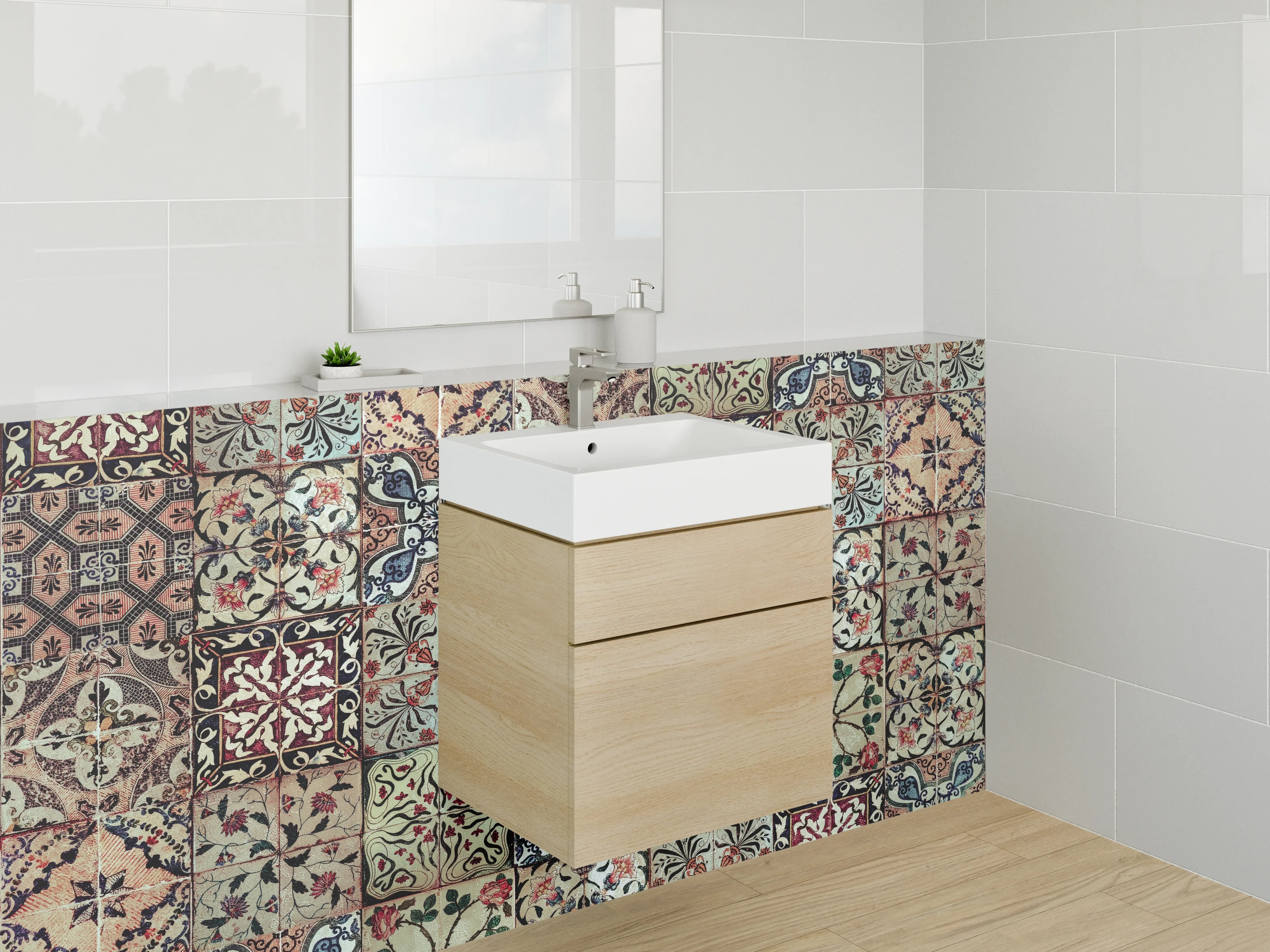 Waschbecken-Rückwand - Vintage Fliesenmuster Bunt Retro