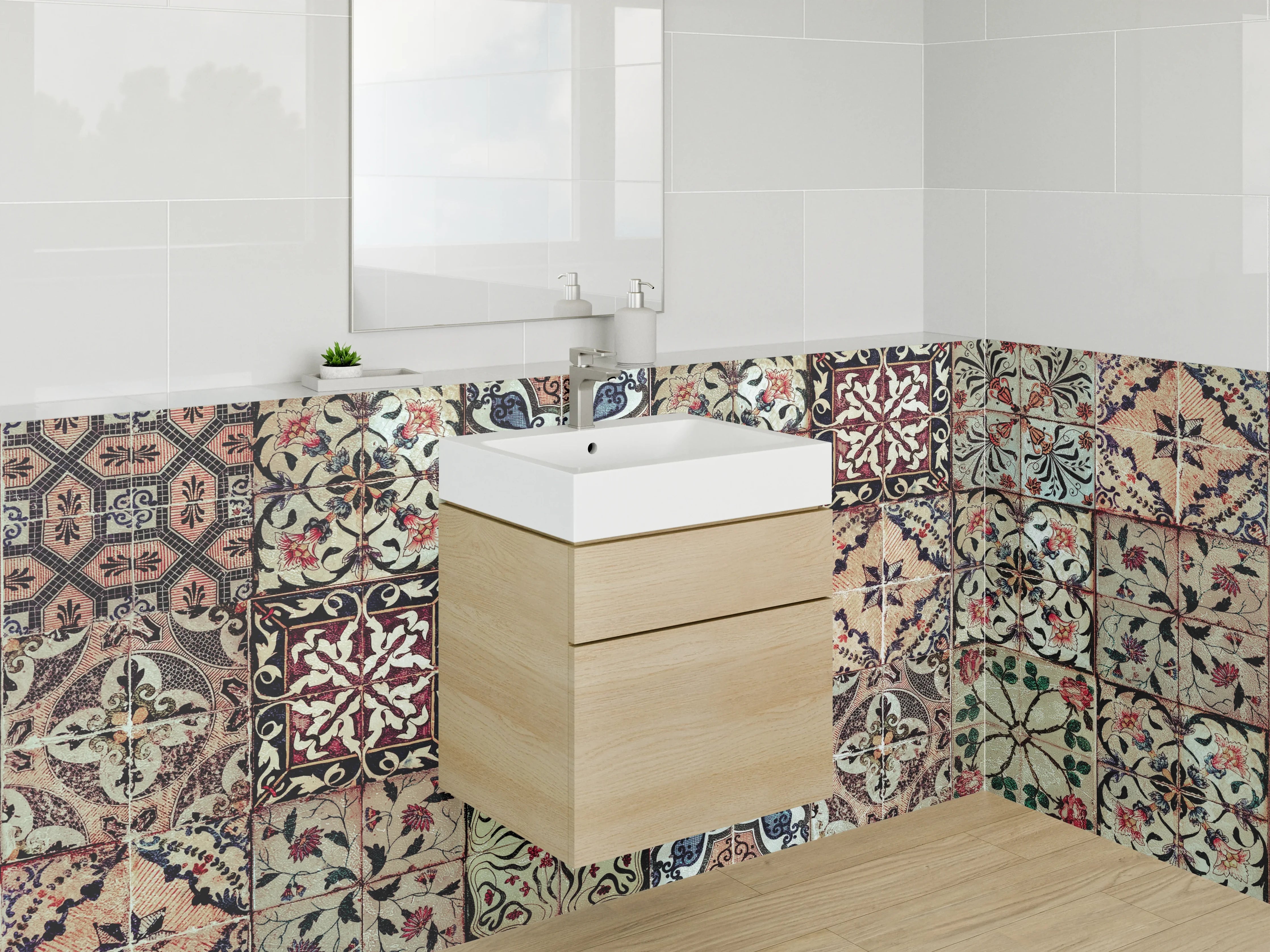 Waschbecken-Rückwand - Vintage Fliesenmuster Bunt Retro