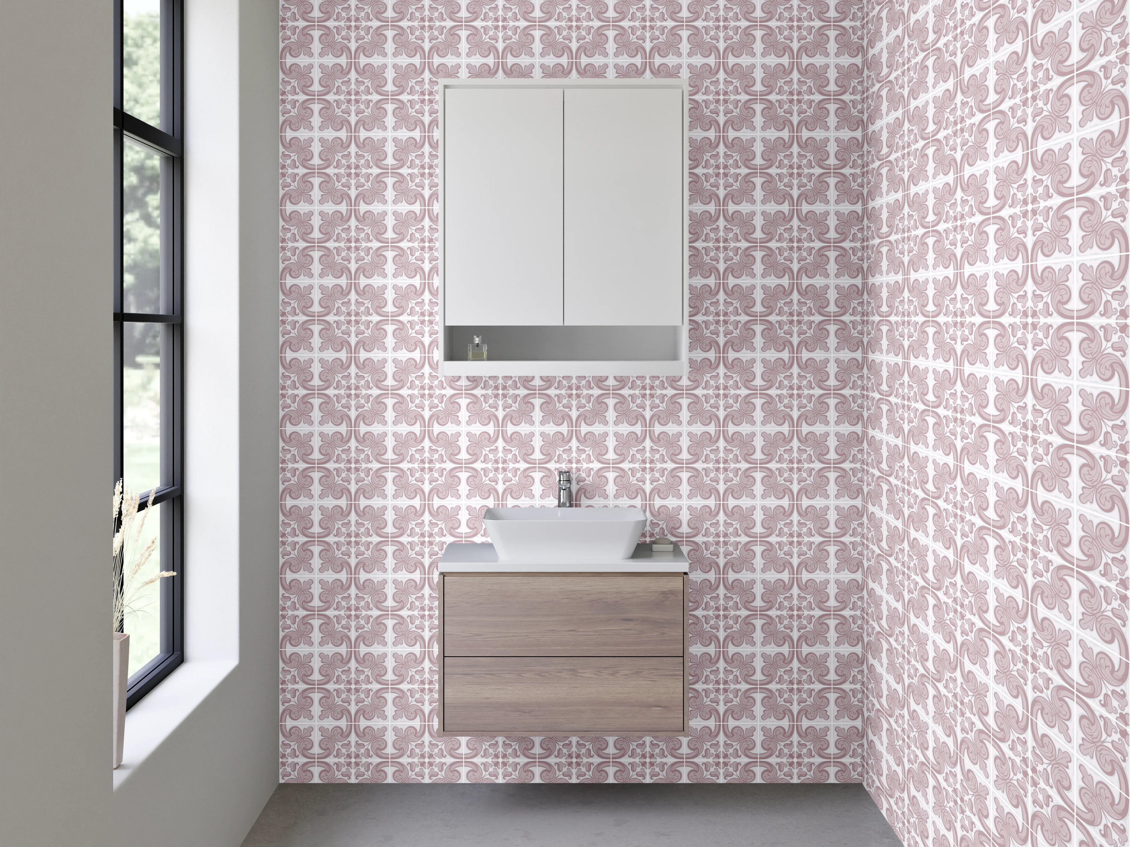 Waschbecken-Rückwand - Vintage Fliesenmuster Rosa Weiß