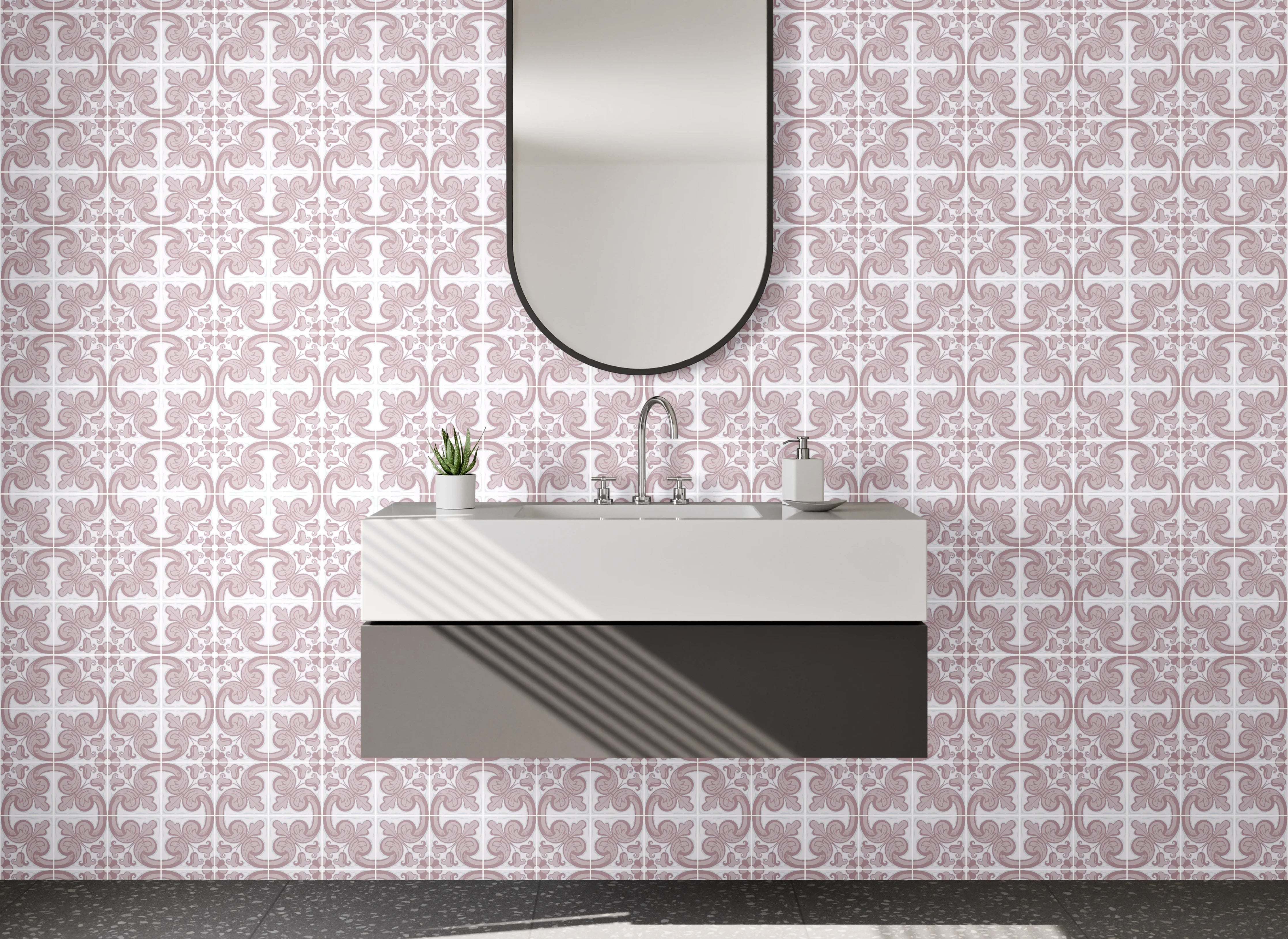 Waschbecken-Rückwand - Vintage Fliesenmuster Rosa Weiß