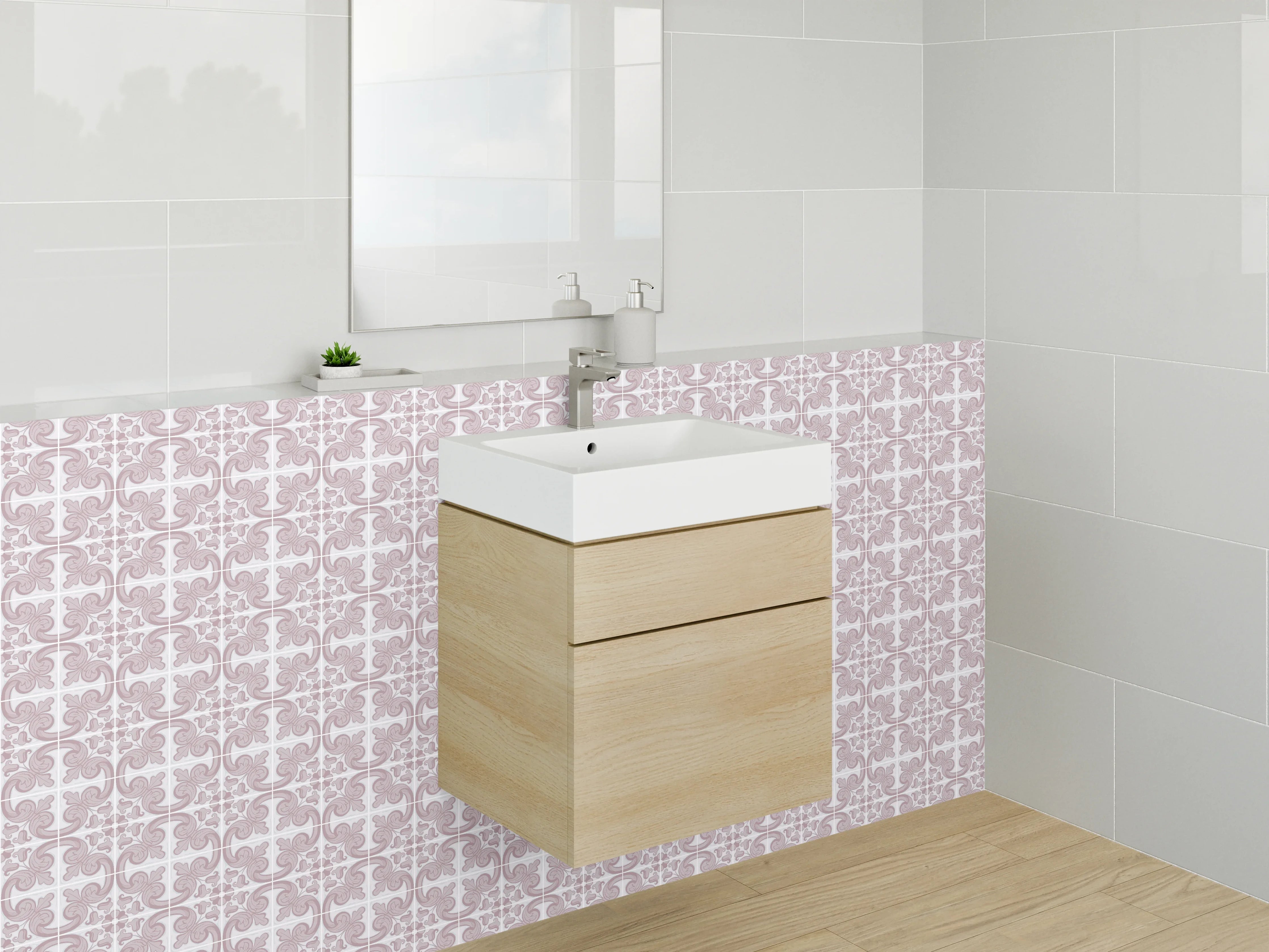 Waschbecken-Rückwand - Vintage Fliesenmuster Rosa Weiß