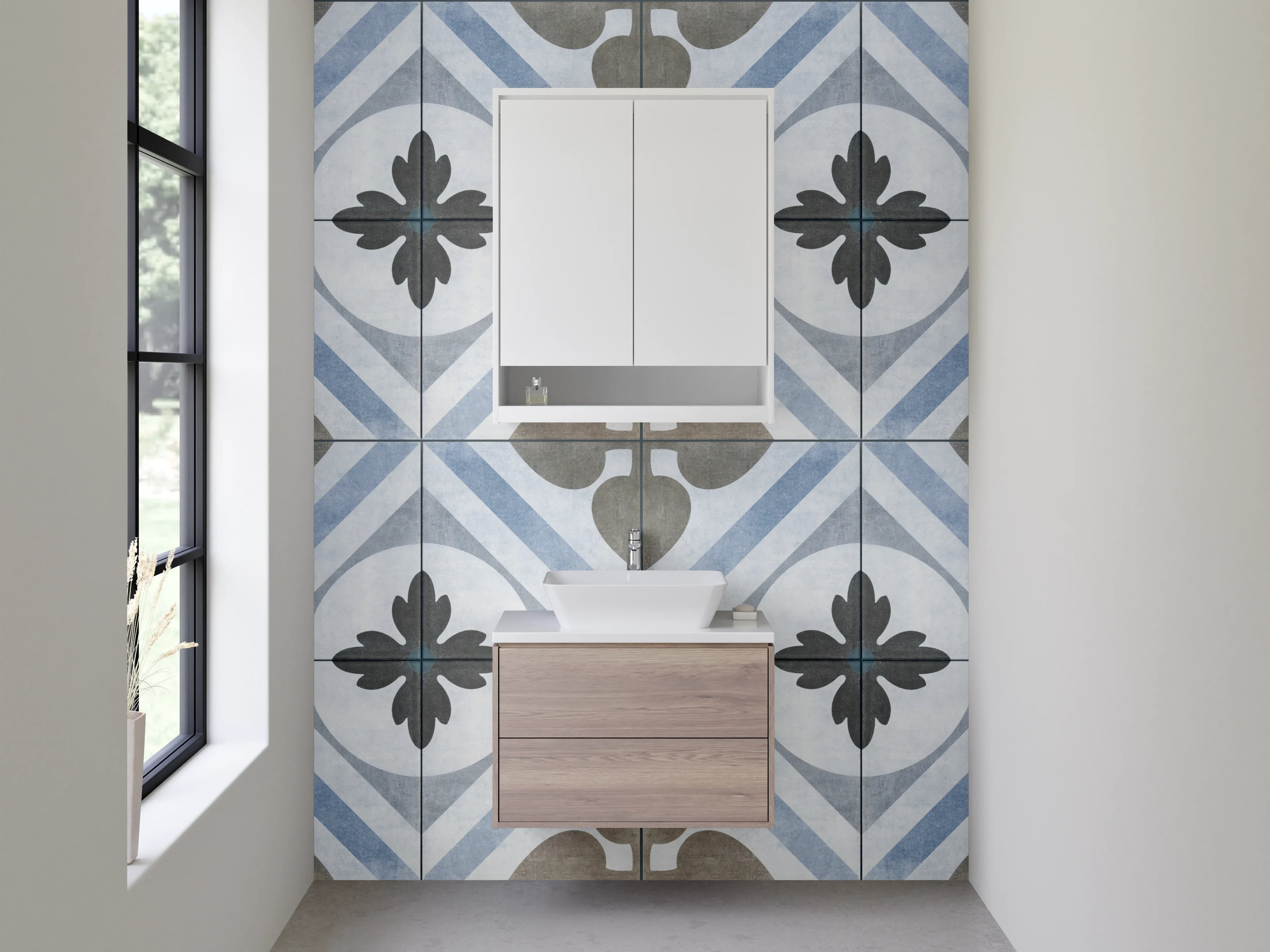 Waschbecken-Rückwand - Vintage Fliesenmuster in Blau und Beige