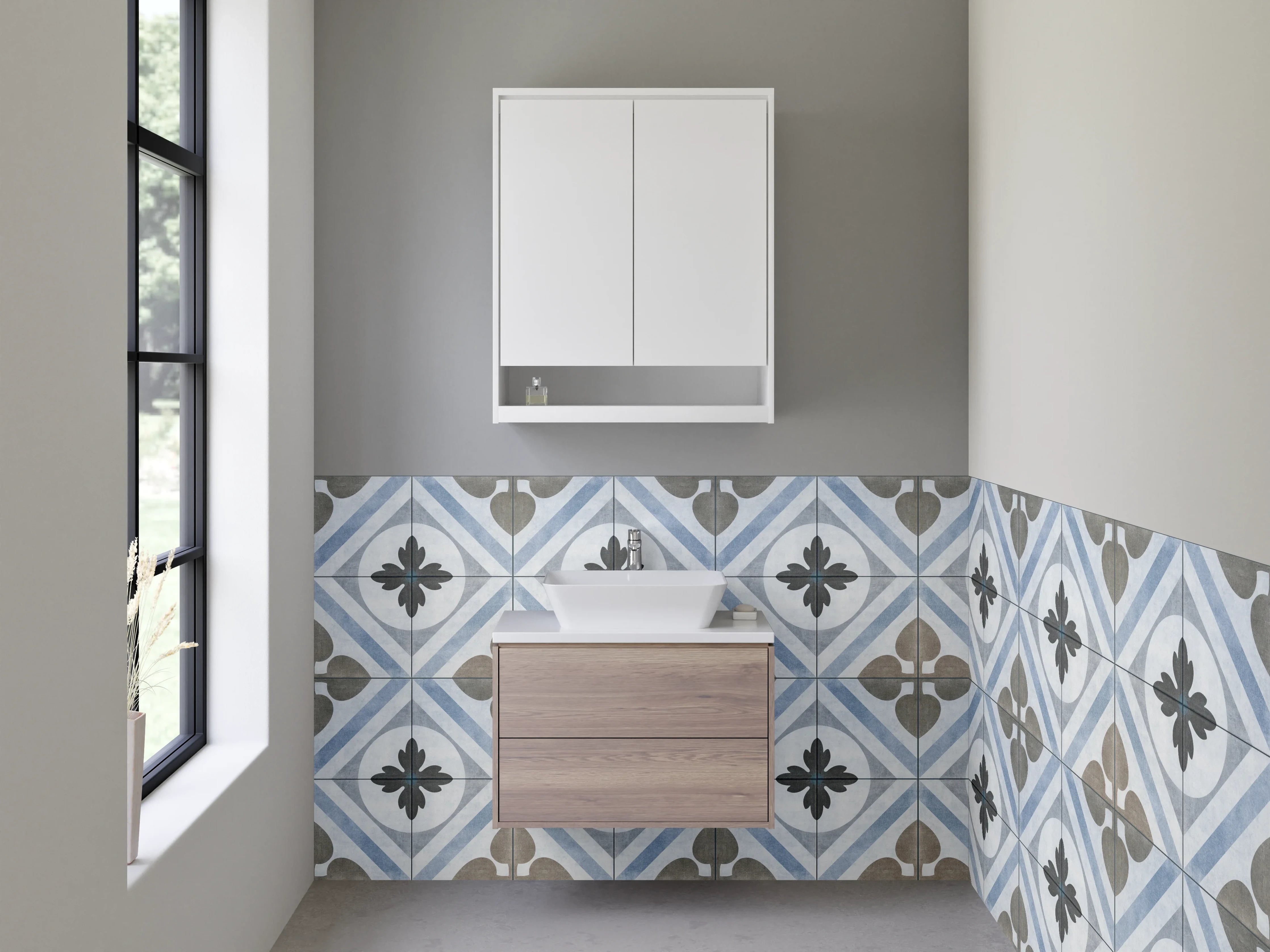Waschbecken-Rückwand - Vintage Fliesenmuster in Blau und Beige