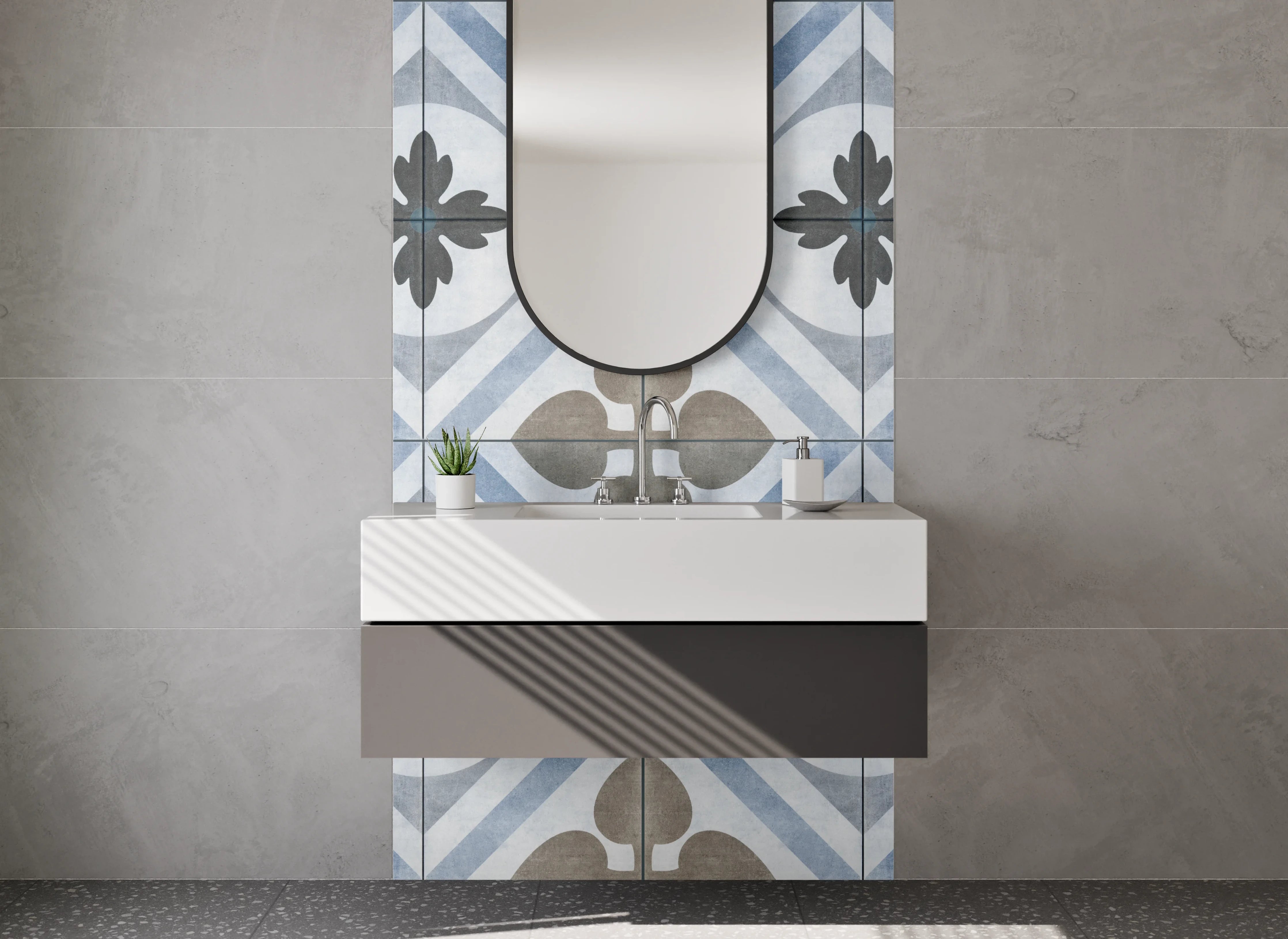 Waschbecken-Rückwand - Vintage Fliesenmuster in Blau und Beige