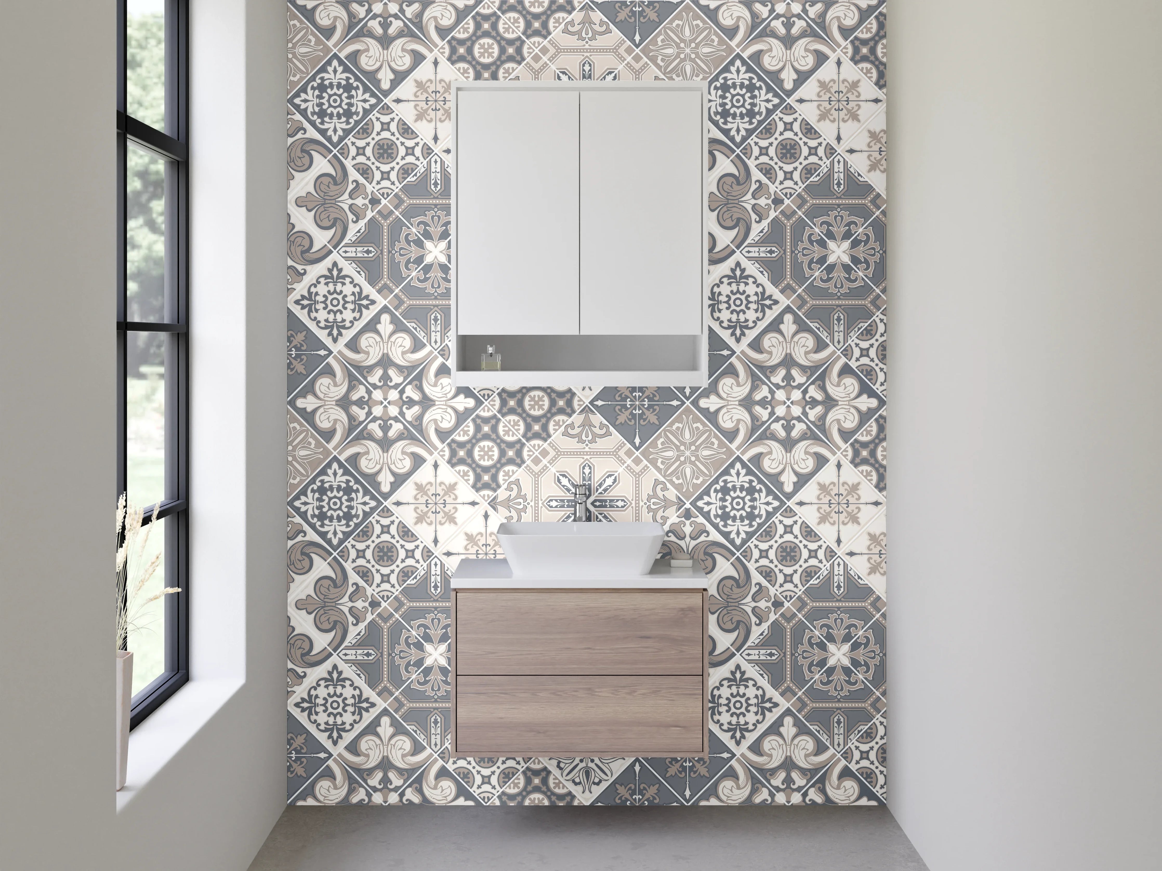Waschbecken-Rückwand - Vintage Fliesenmuster in Grau und Beige
