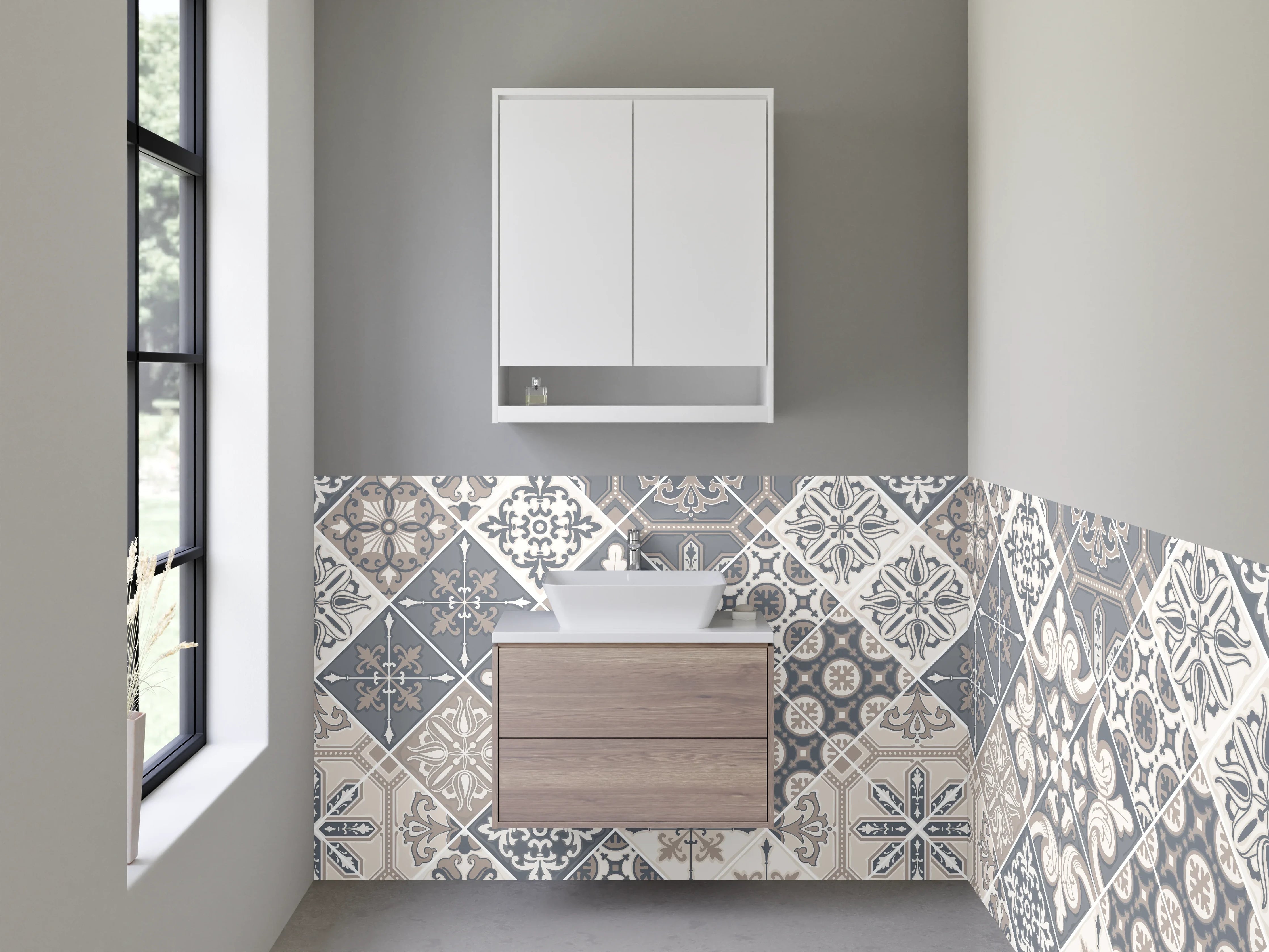 Waschbecken-Rückwand - Vintage Fliesenmuster in Grau und Beige