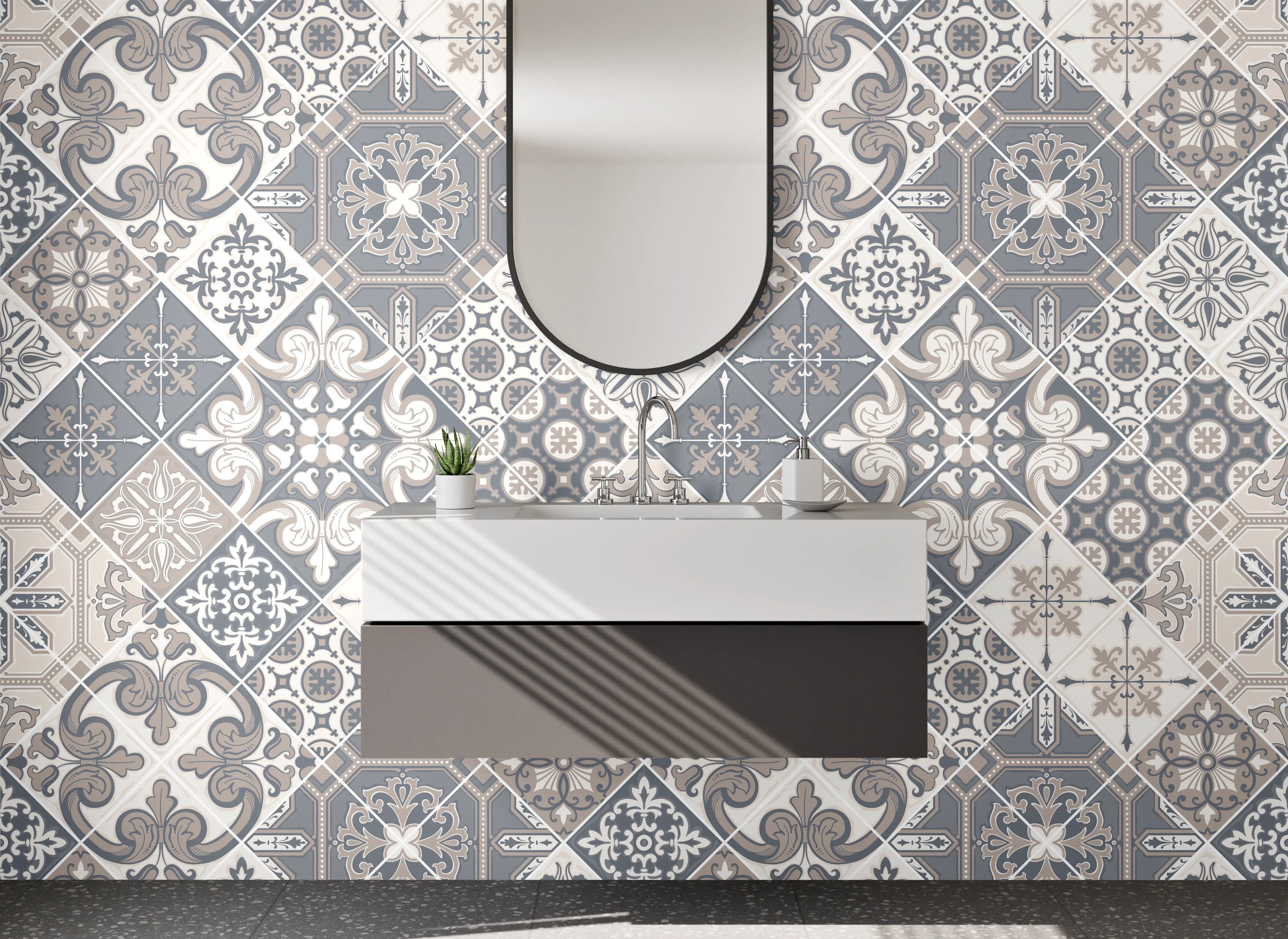 Waschbecken-Rückwand - Vintage Fliesenmuster in Grau und Beige
