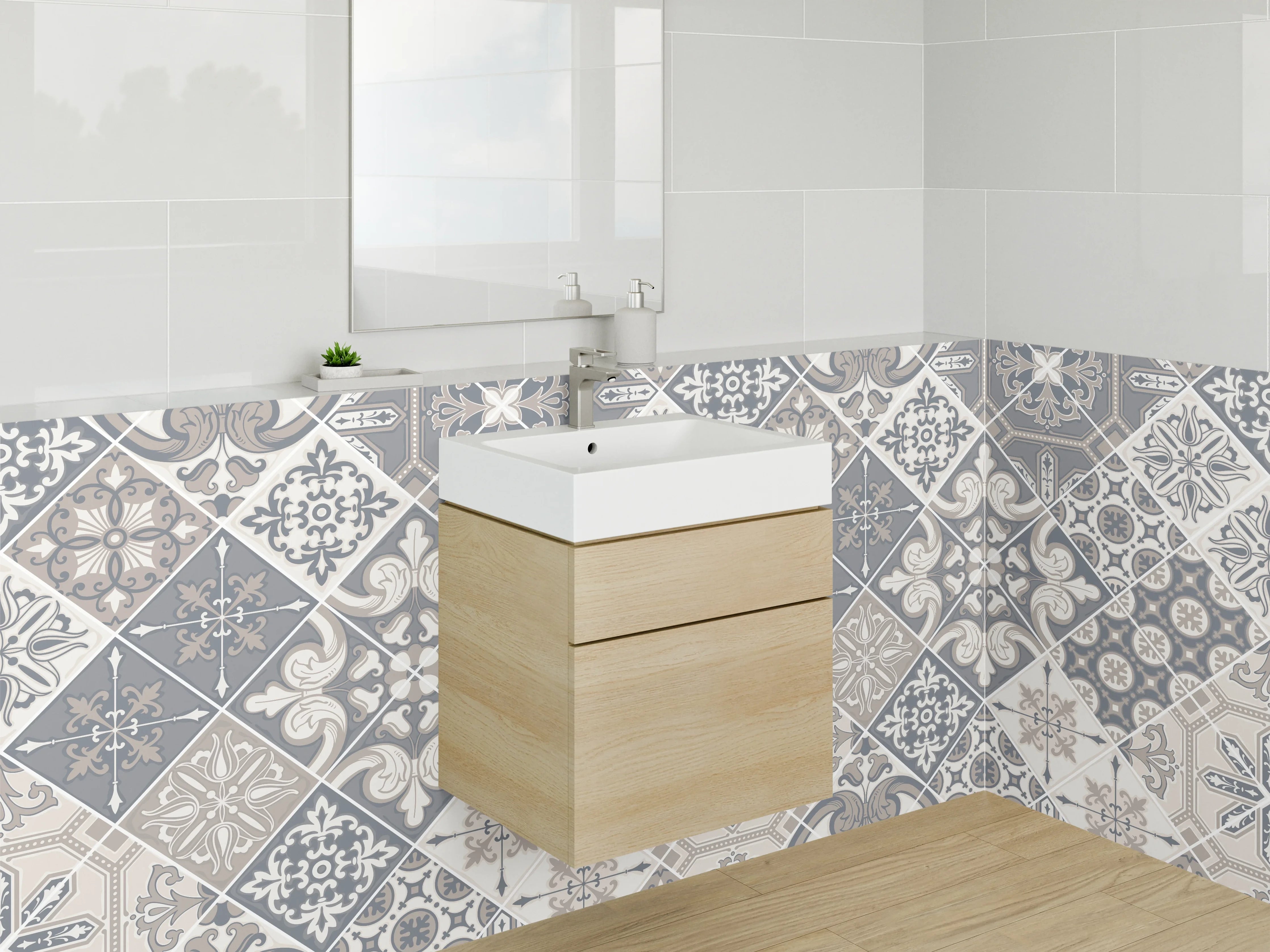 Waschbecken-Rückwand - Vintage Fliesenmuster in Grau und Beige