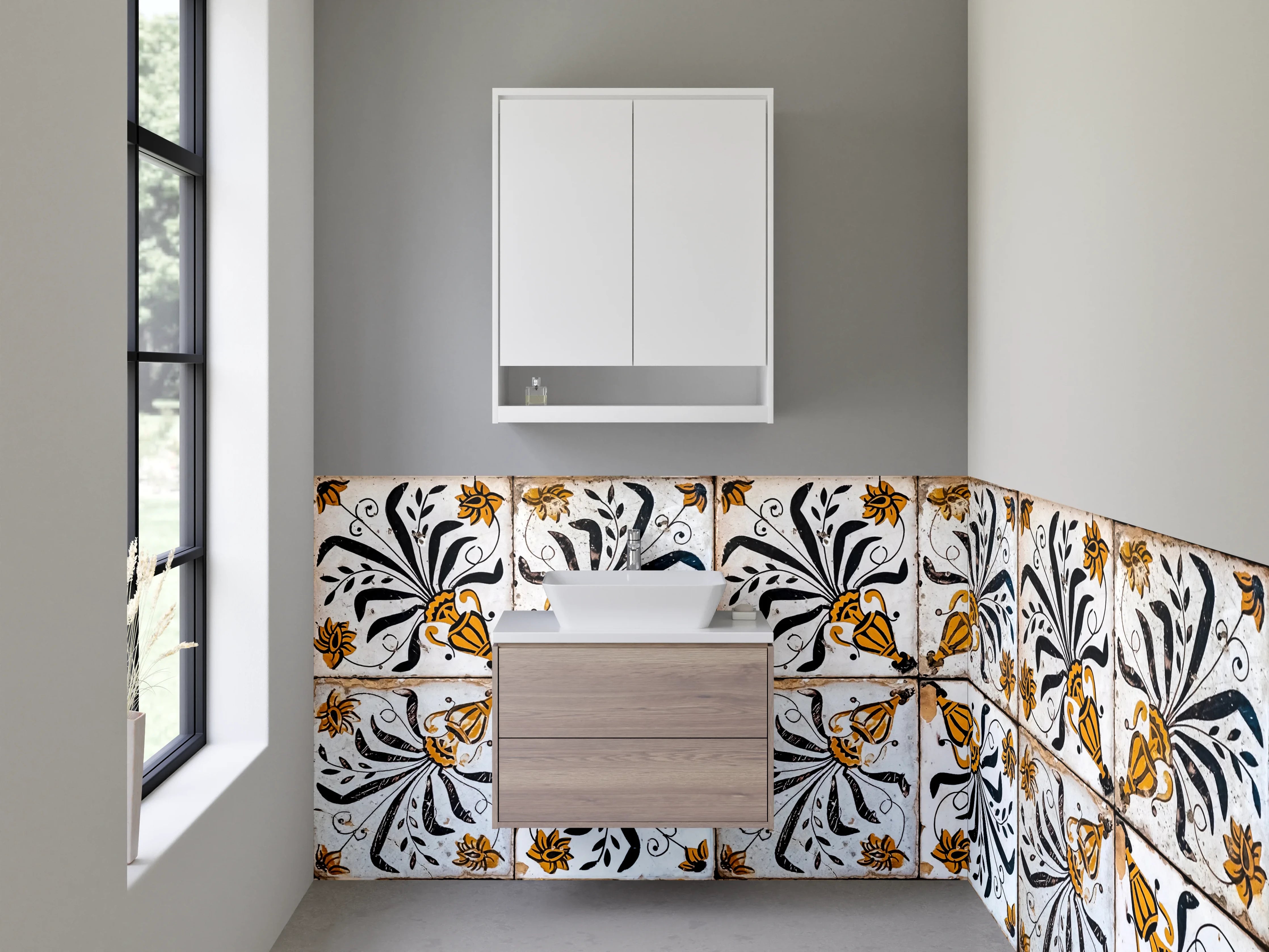 Waschbecken-Rückwand - Vintage Fliesenmuster in Schwarz-Gold