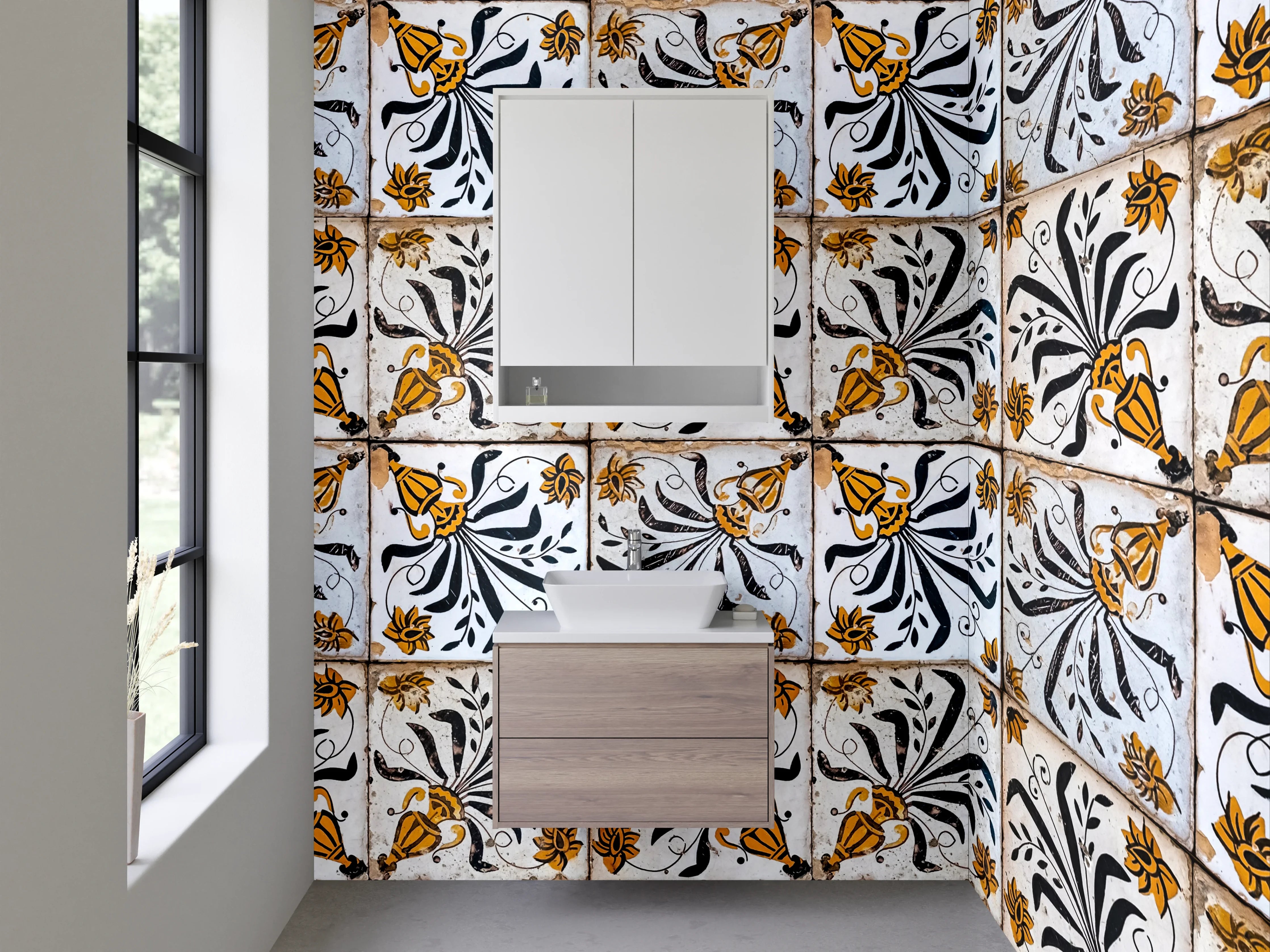 Waschbecken-Rückwand - Vintage Fliesenmuster in Schwarz-Gold