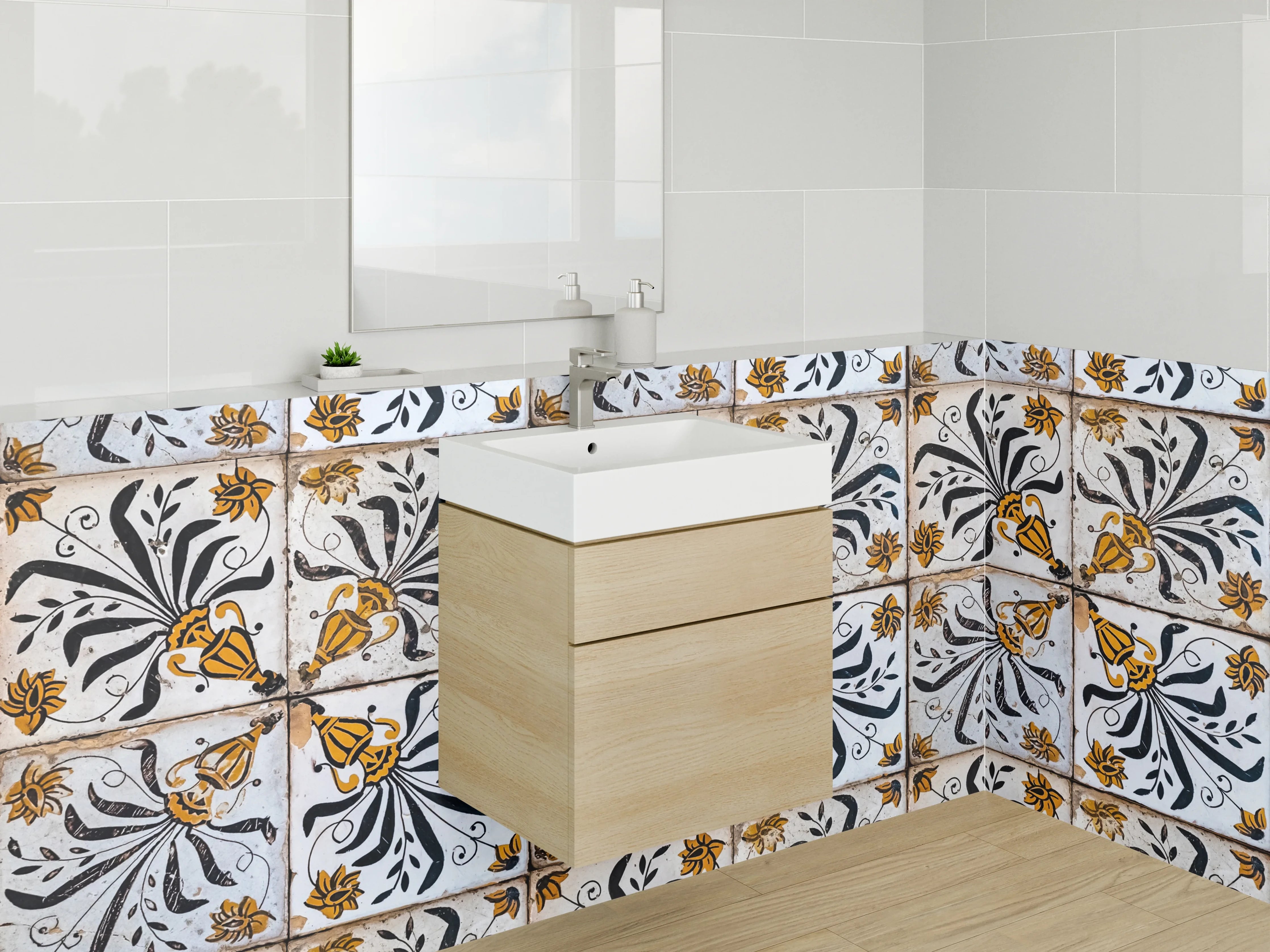 Waschbecken-Rückwand - Vintage Fliesenmuster in Schwarz-Gold