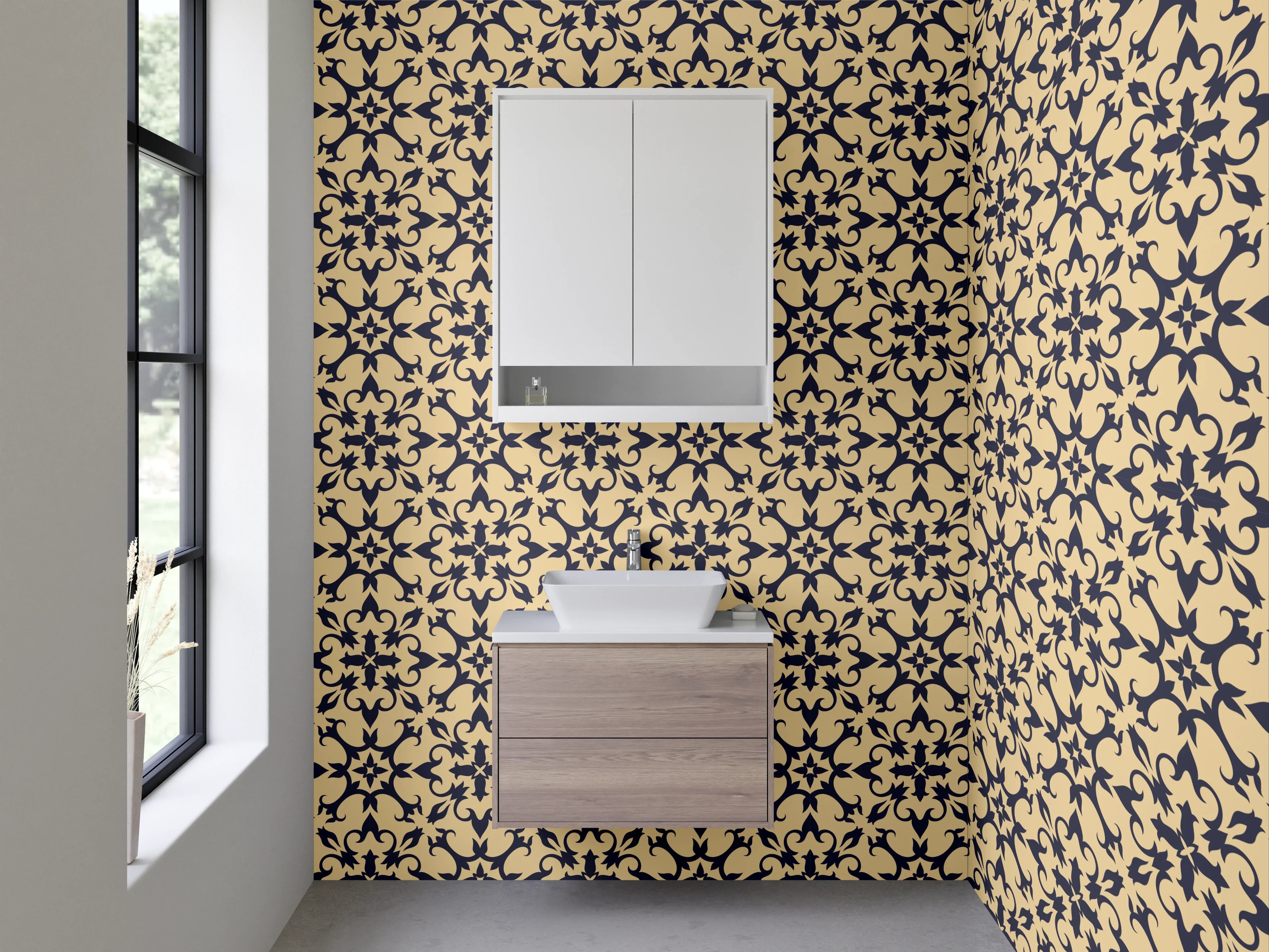 Waschbecken-Rückwand - Vintage Geometrie Grau-Beige Schwarz