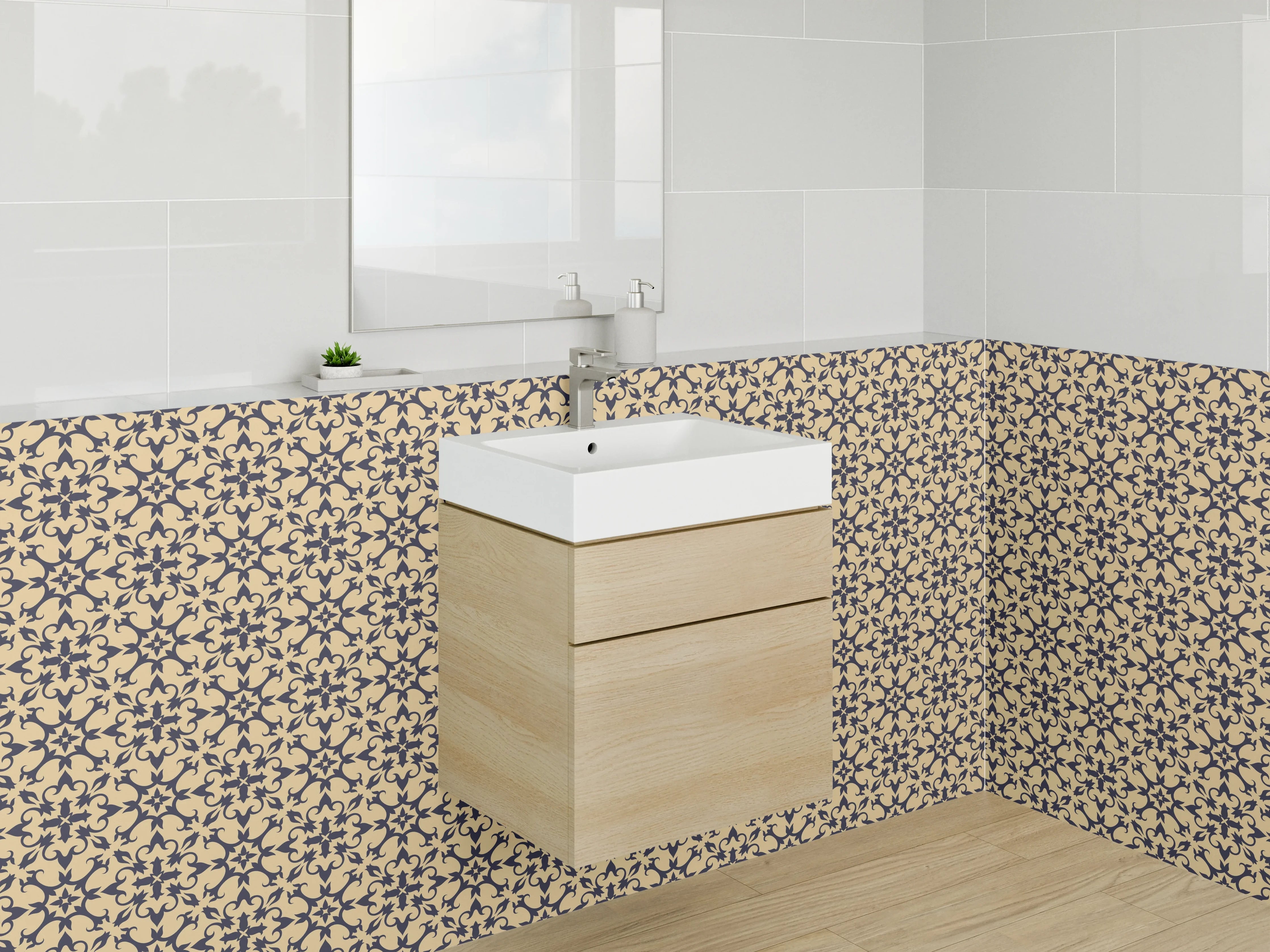 Waschbecken-Rückwand - Vintage Geometrie Grau-Beige Schwarz