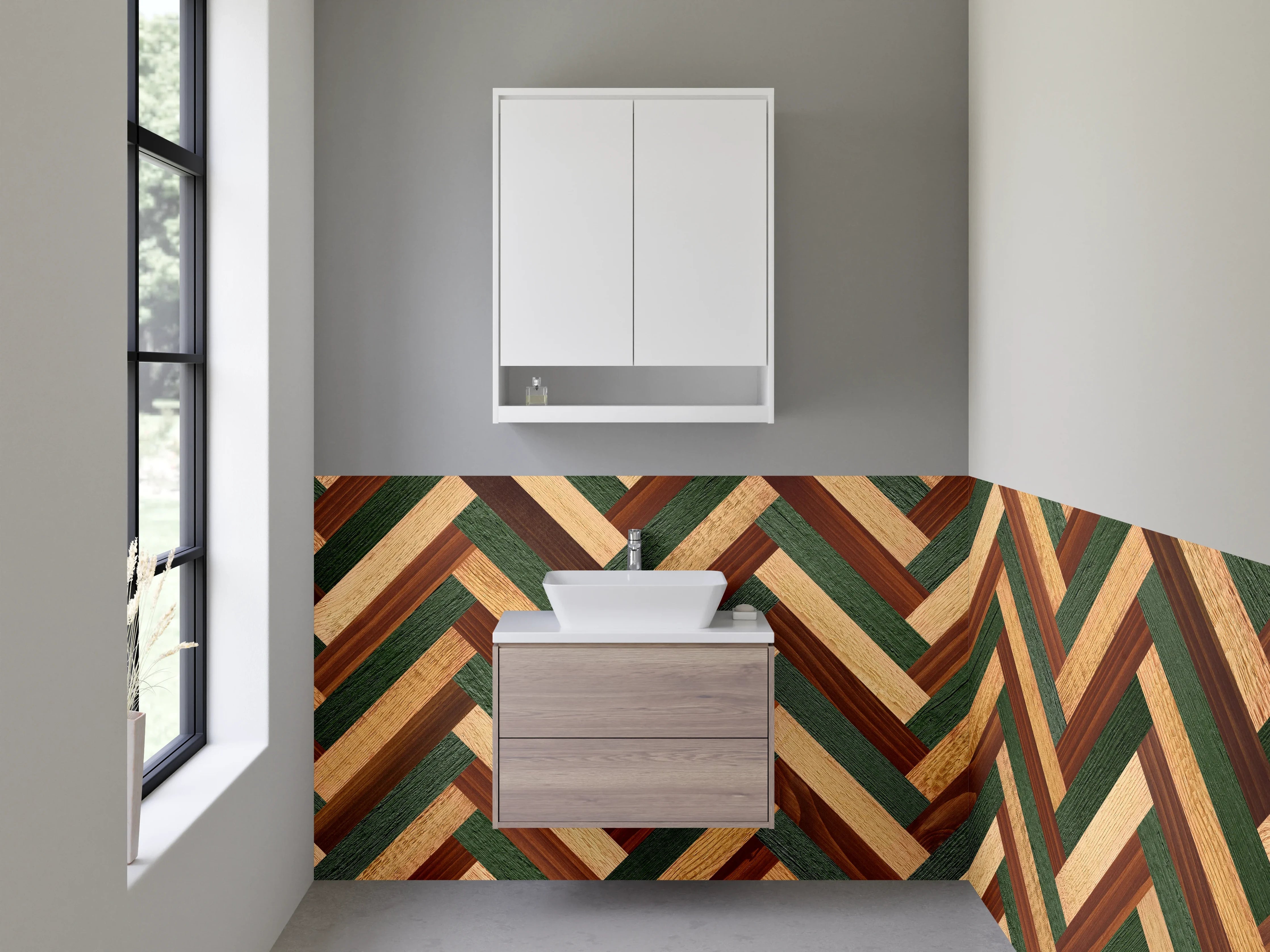 Waschbecken-Rückwand - Vintage-Holzdesign mit grünen Akzenten