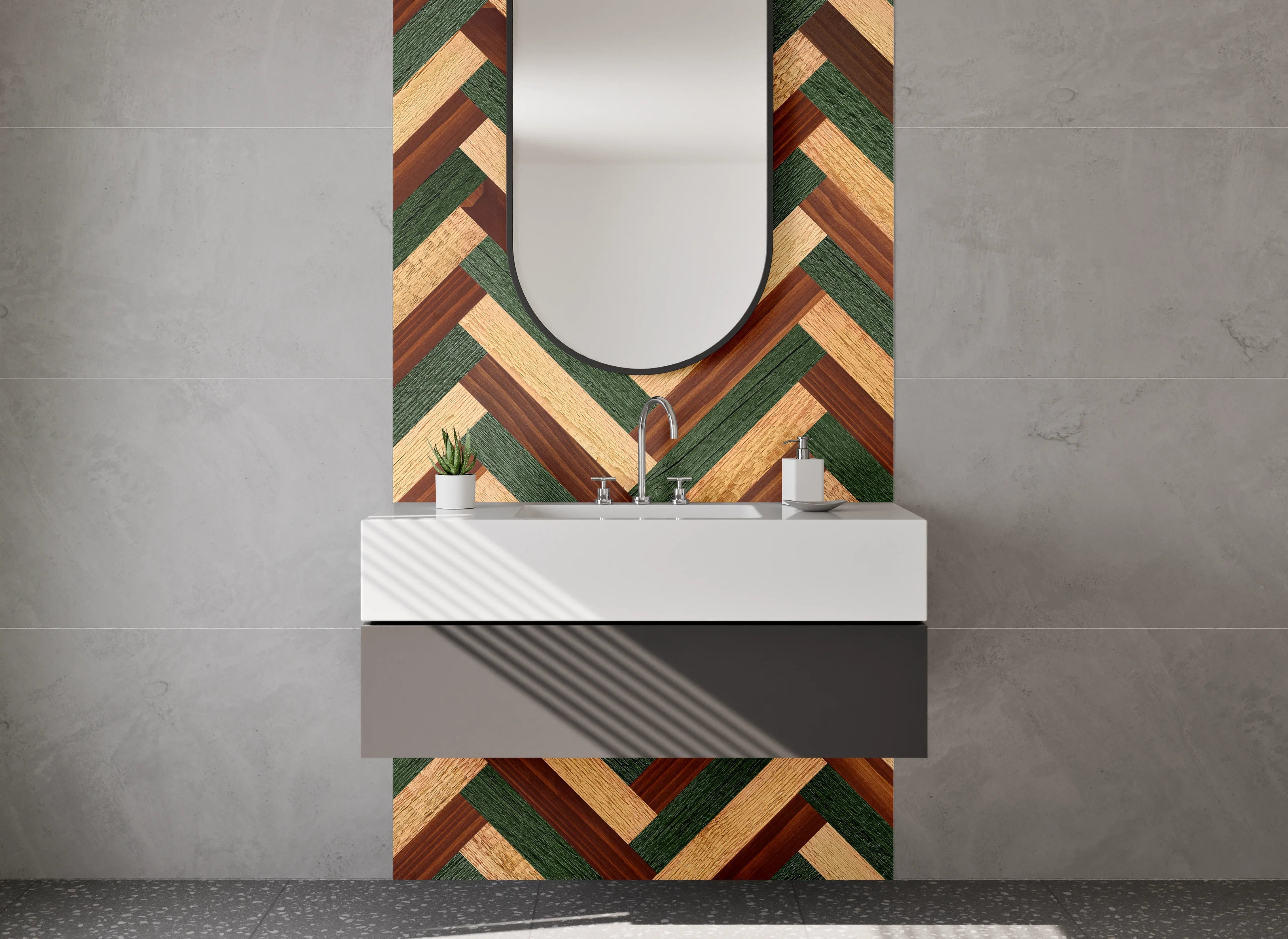 Waschbecken-Rückwand - Vintage-Holzdesign mit grünen Akzenten