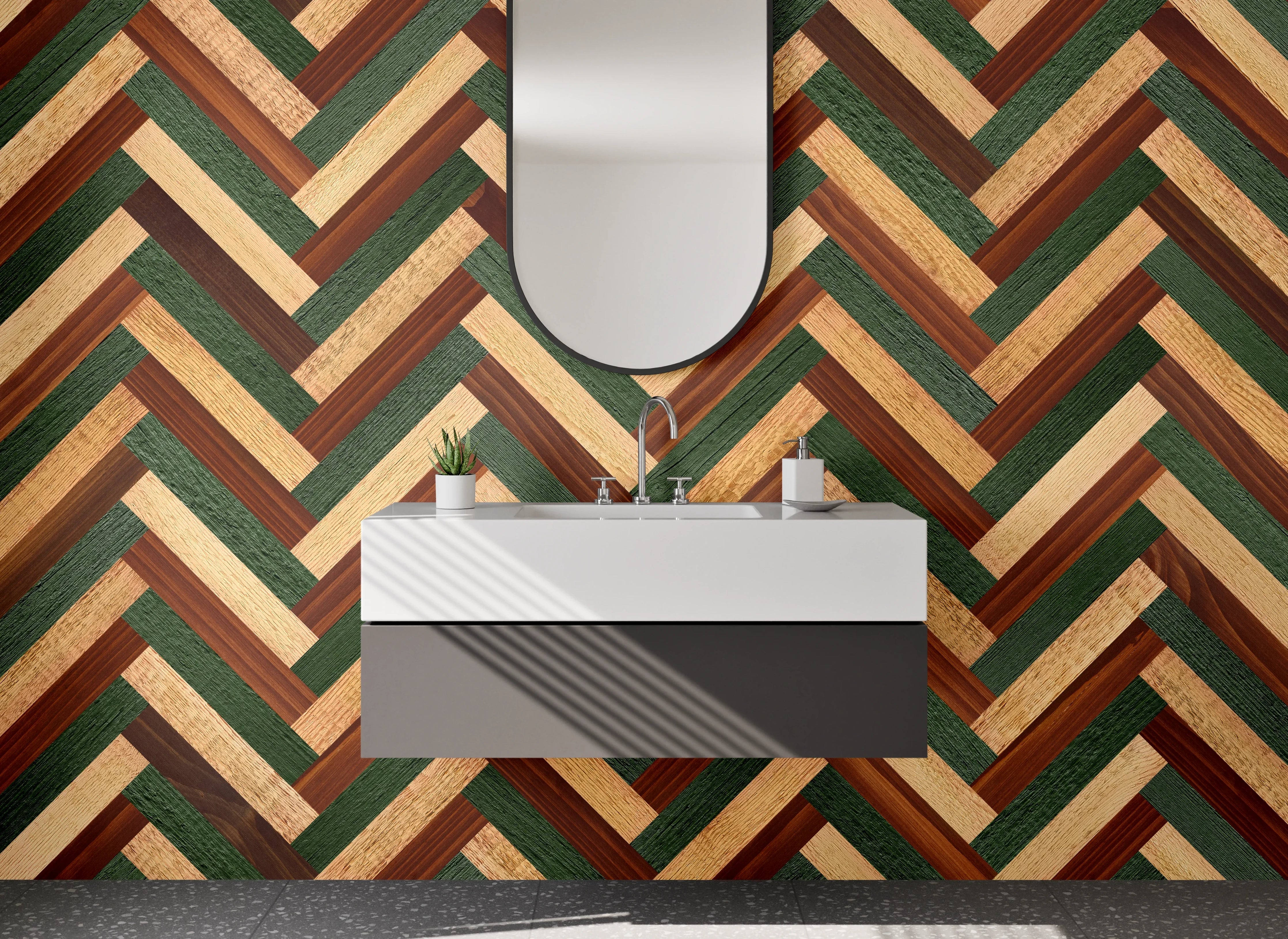 Waschbecken-Rückwand - Vintage-Holzdesign mit grünen Akzenten