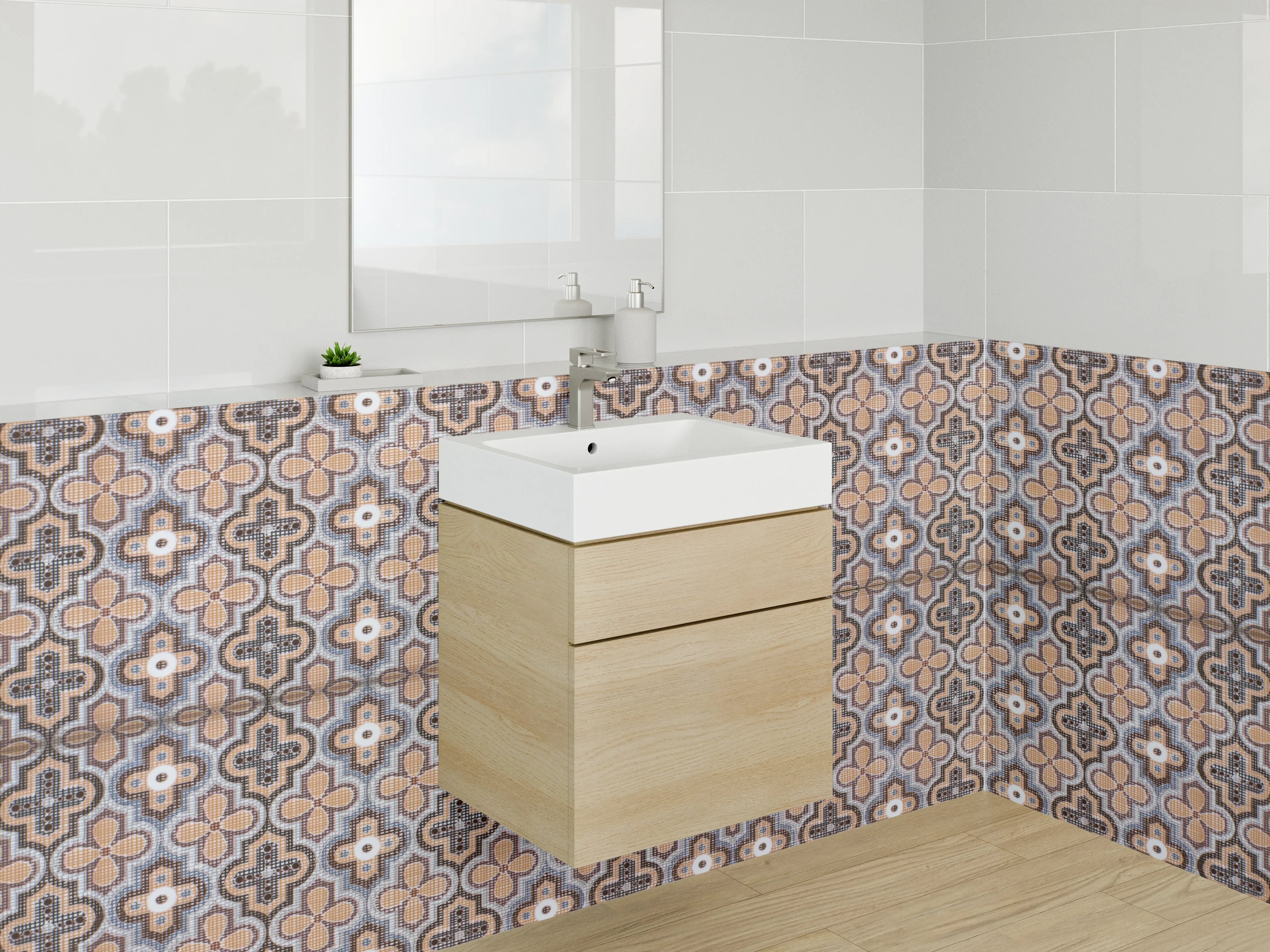 Waschbecken-Rückwand - Vintage Mosaikfliesen Braun Beige Grau Weiß