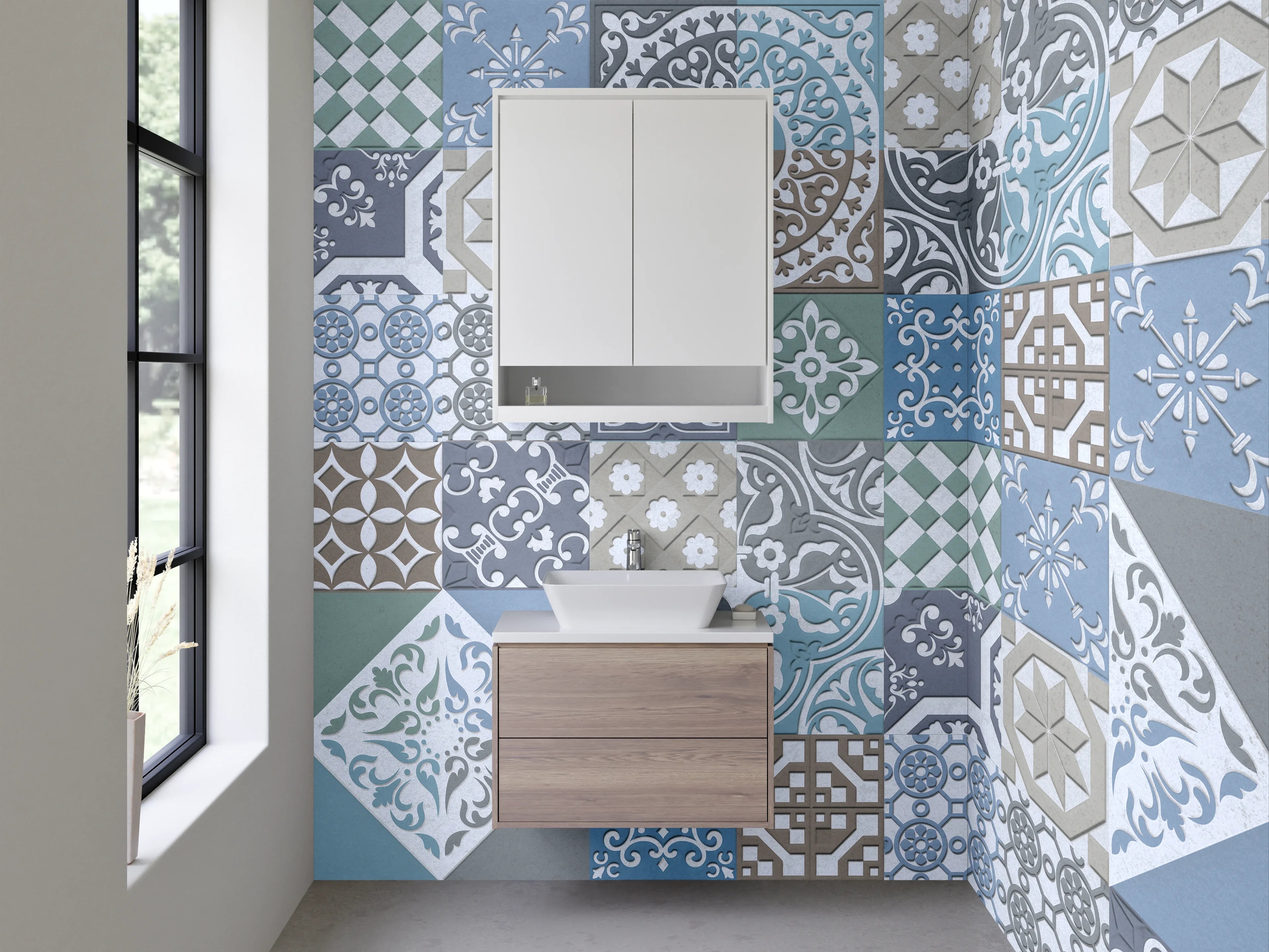 Waschbecken-Rückwand - Vintage Mosaikfliesen blau grau beige