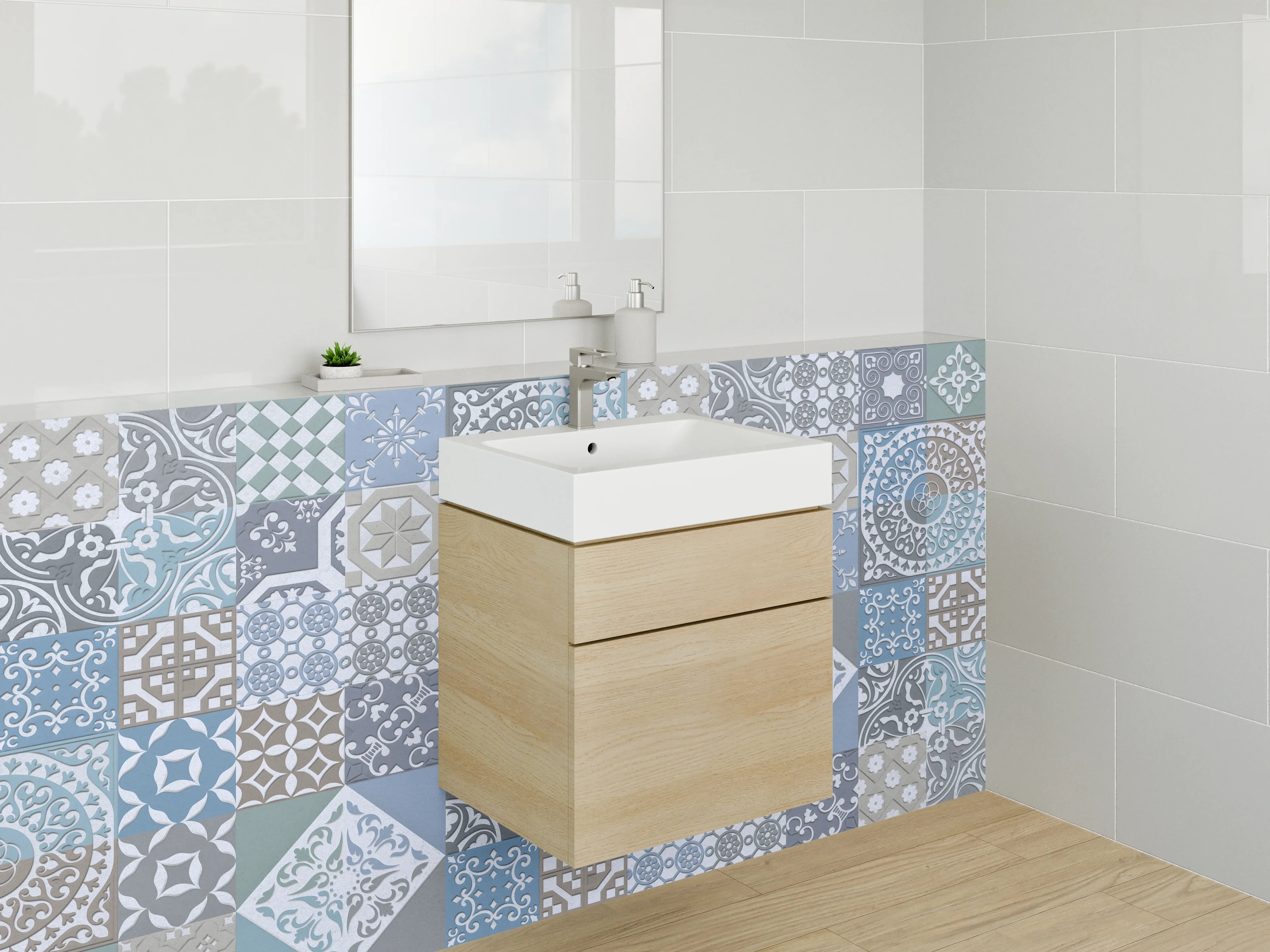 Waschbecken-Rückwand - Vintage Mosaikfliesen blau grau beige