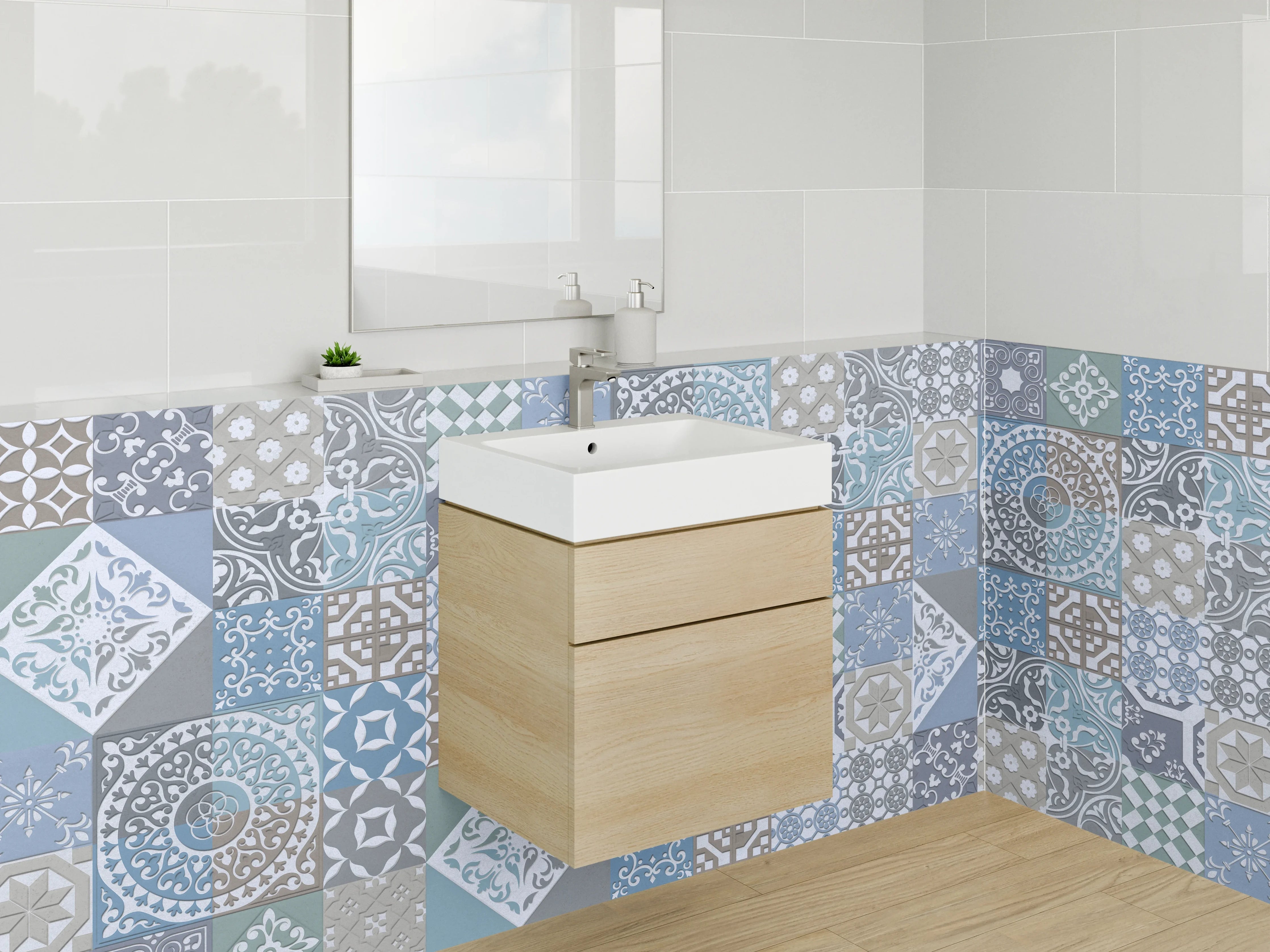 Waschbecken-Rückwand - Vintage Mosaikfliesen blau grau beige