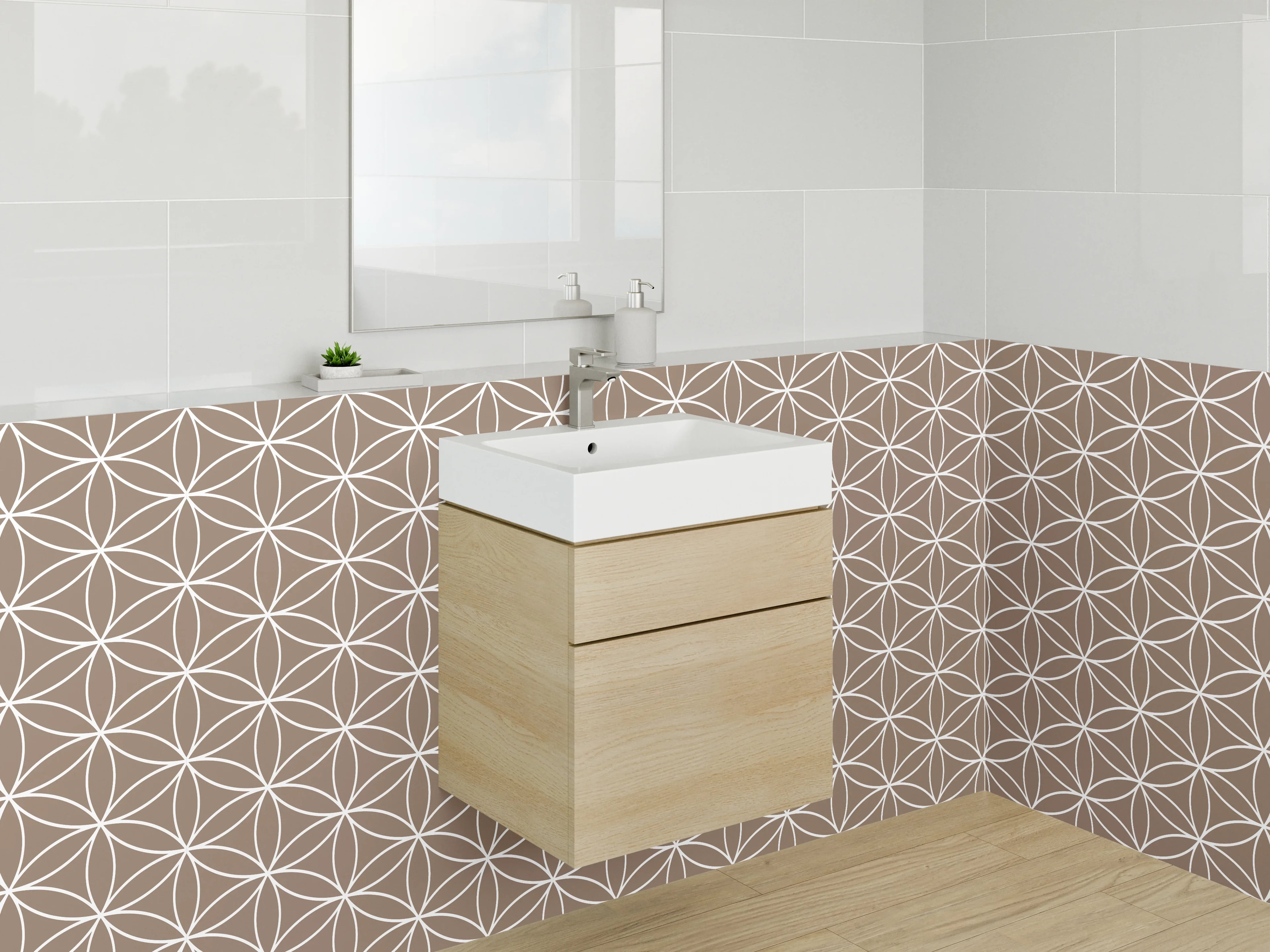 Waschbecken-Rückwand - Vintage-Muster in Taupe-Grau und Weiß