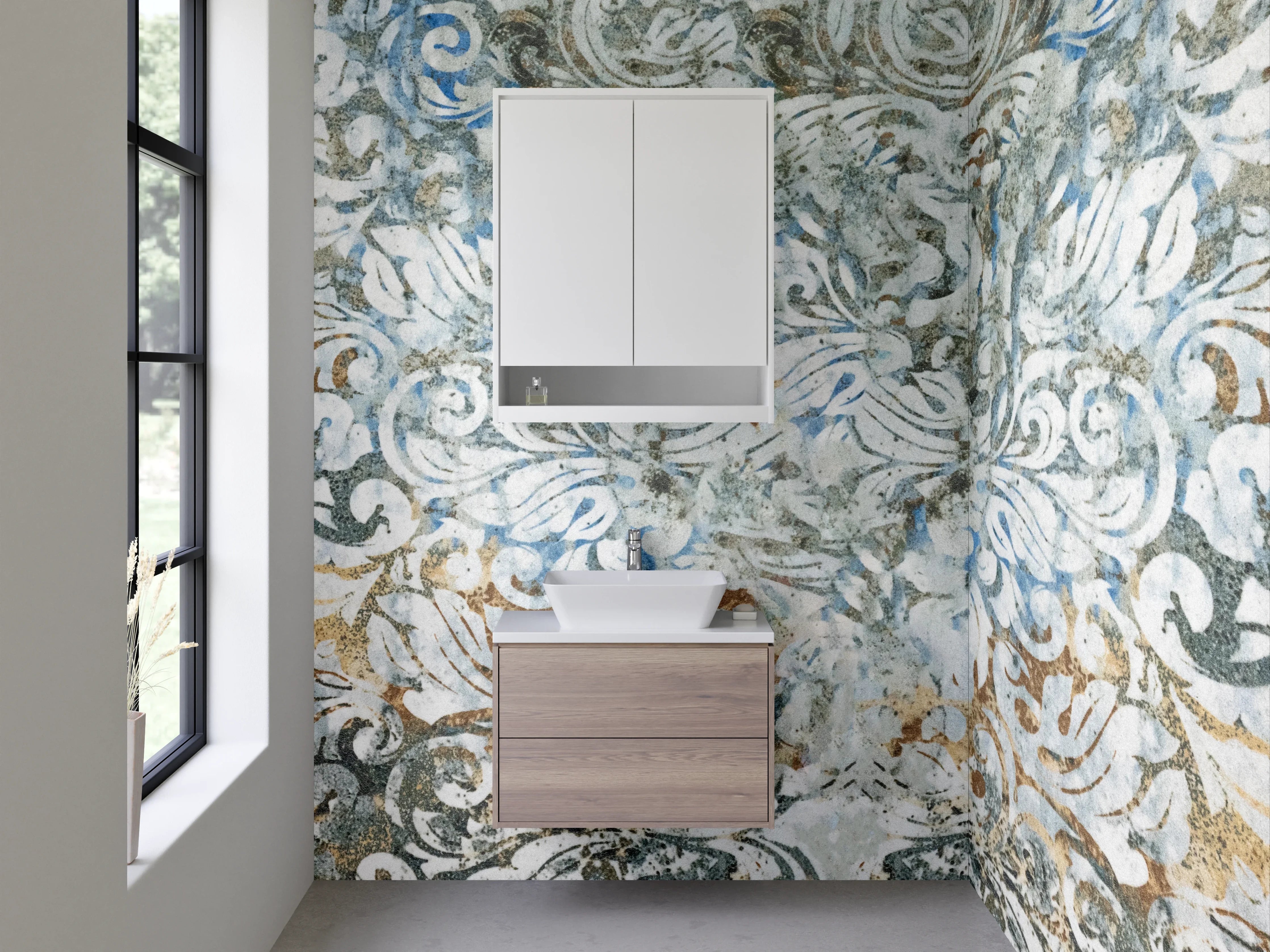 Waschbecken-Rückwand - Vintage-Muster mit Blau- und Beigetönen