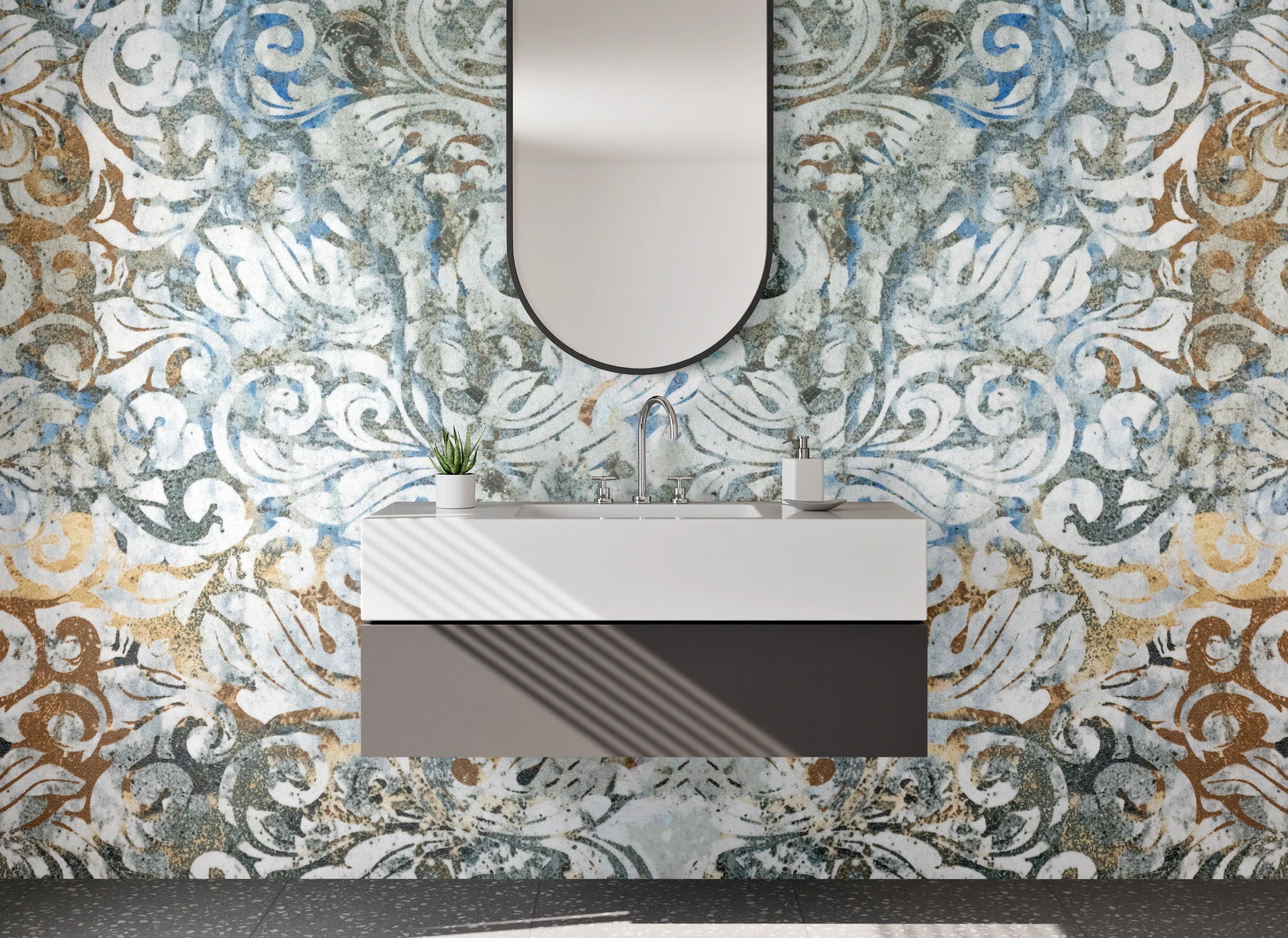 Waschbecken-Rückwand - Vintage-Muster mit Blau- und Beigetönen