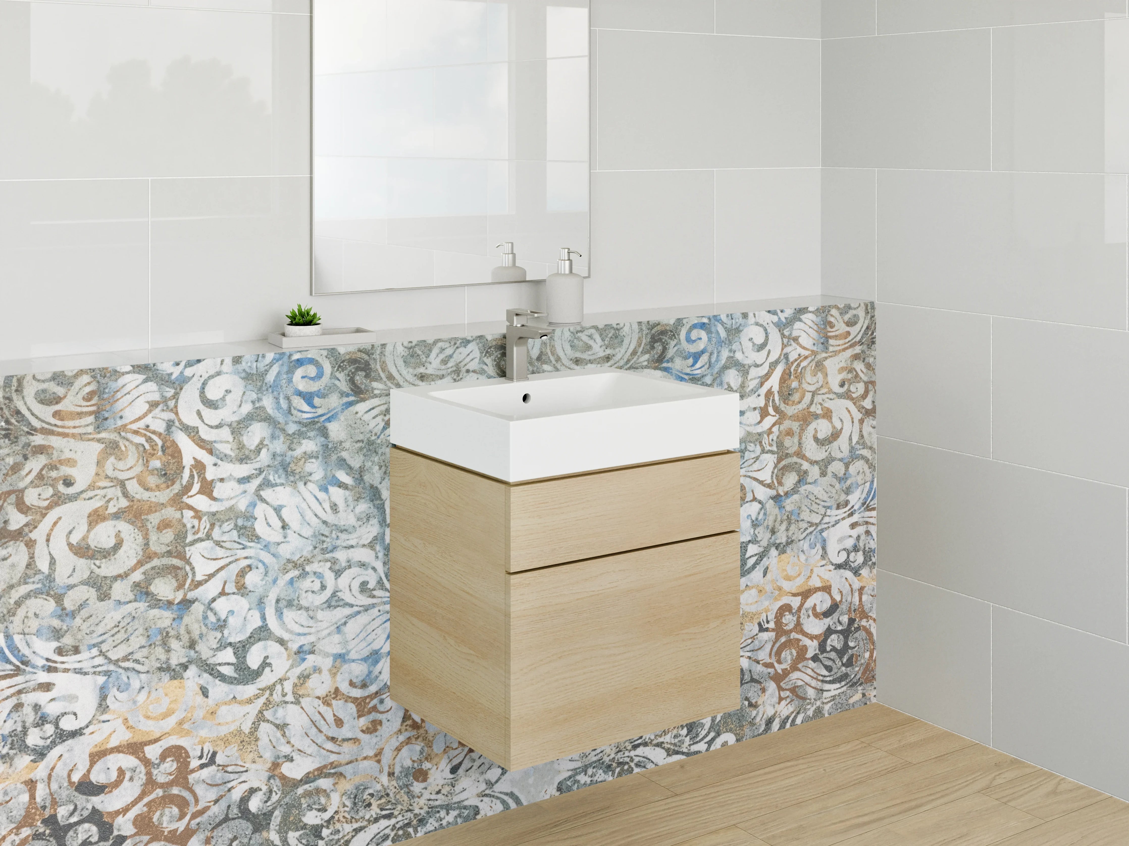 Waschbecken-Rückwand - Vintage-Muster mit Blau- und Beigetönen