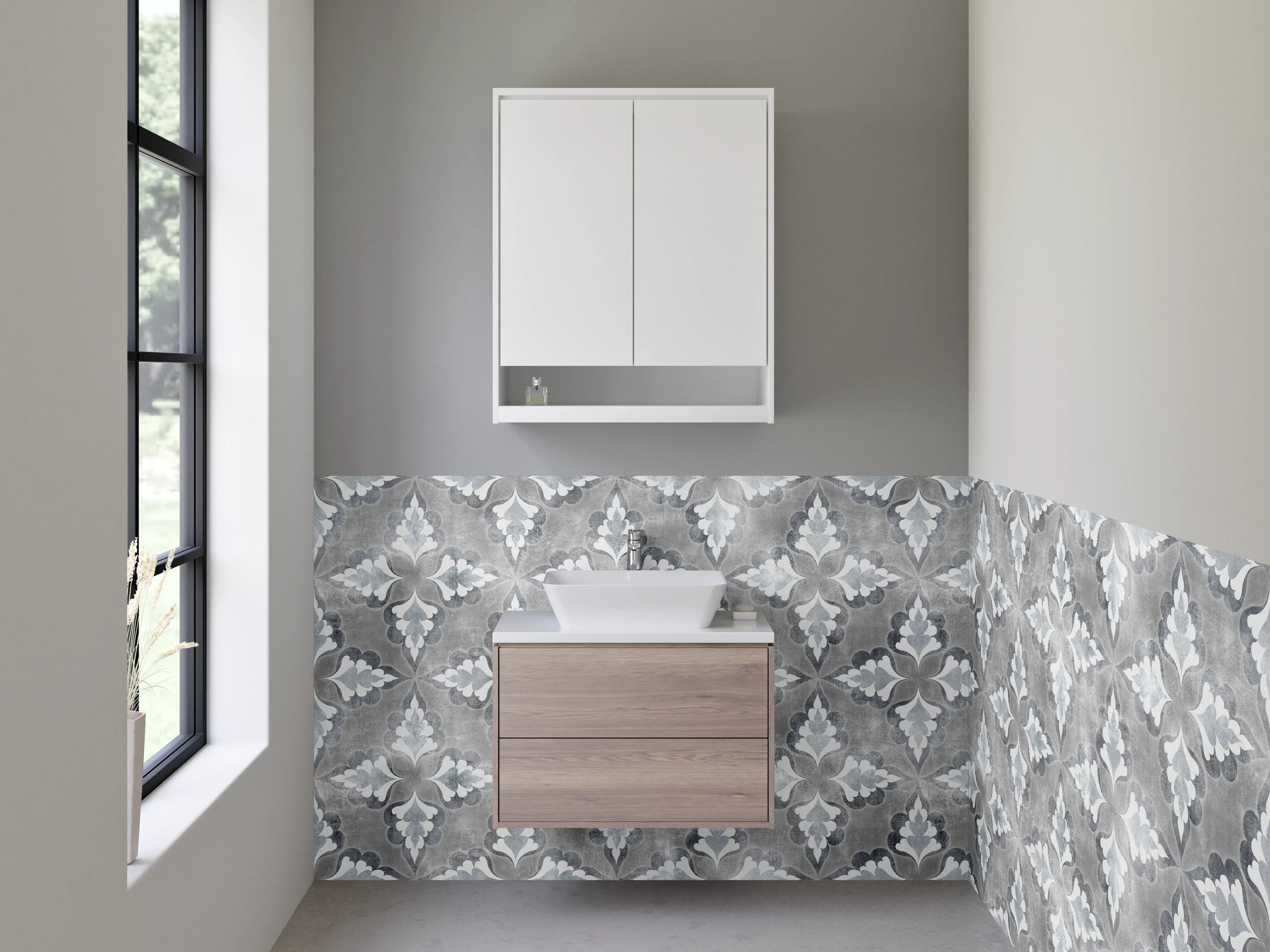 Waschbecken-Rückwand - Vintage Ornament Fliesenmuster Grau-Weiß