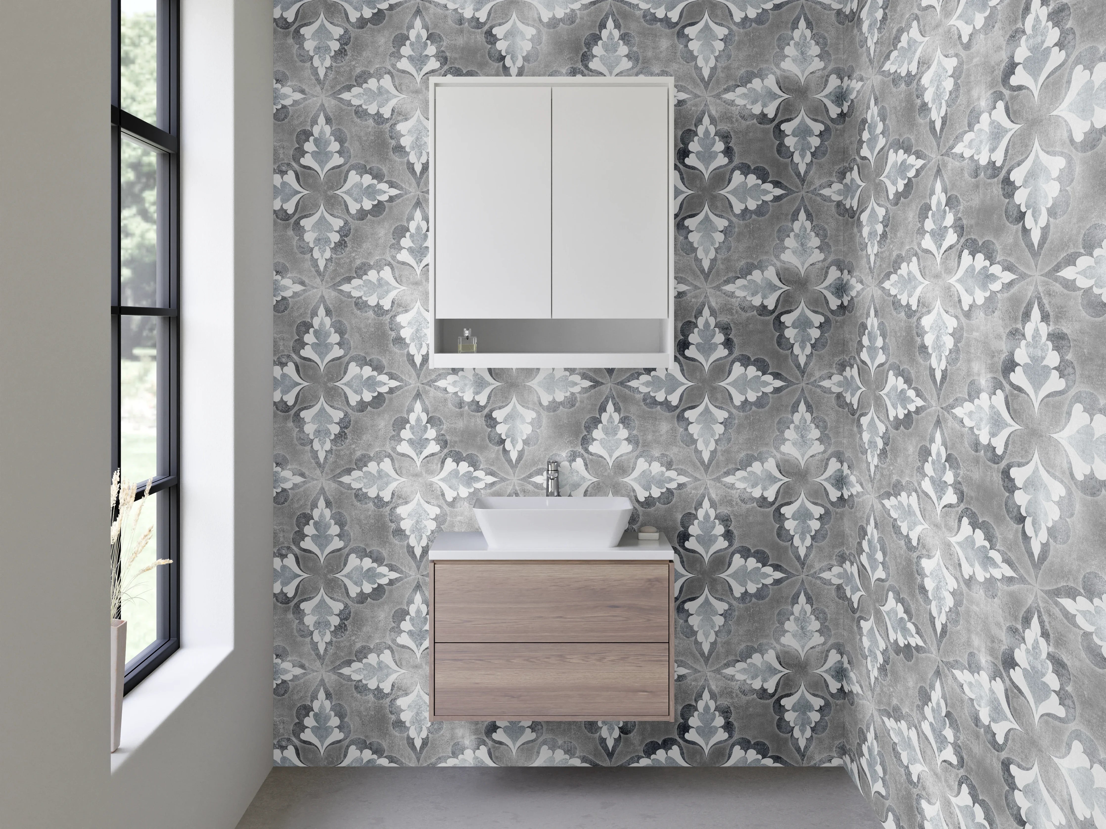 Waschbecken-Rückwand - Vintage Ornament Fliesenmuster Grau-Weiß