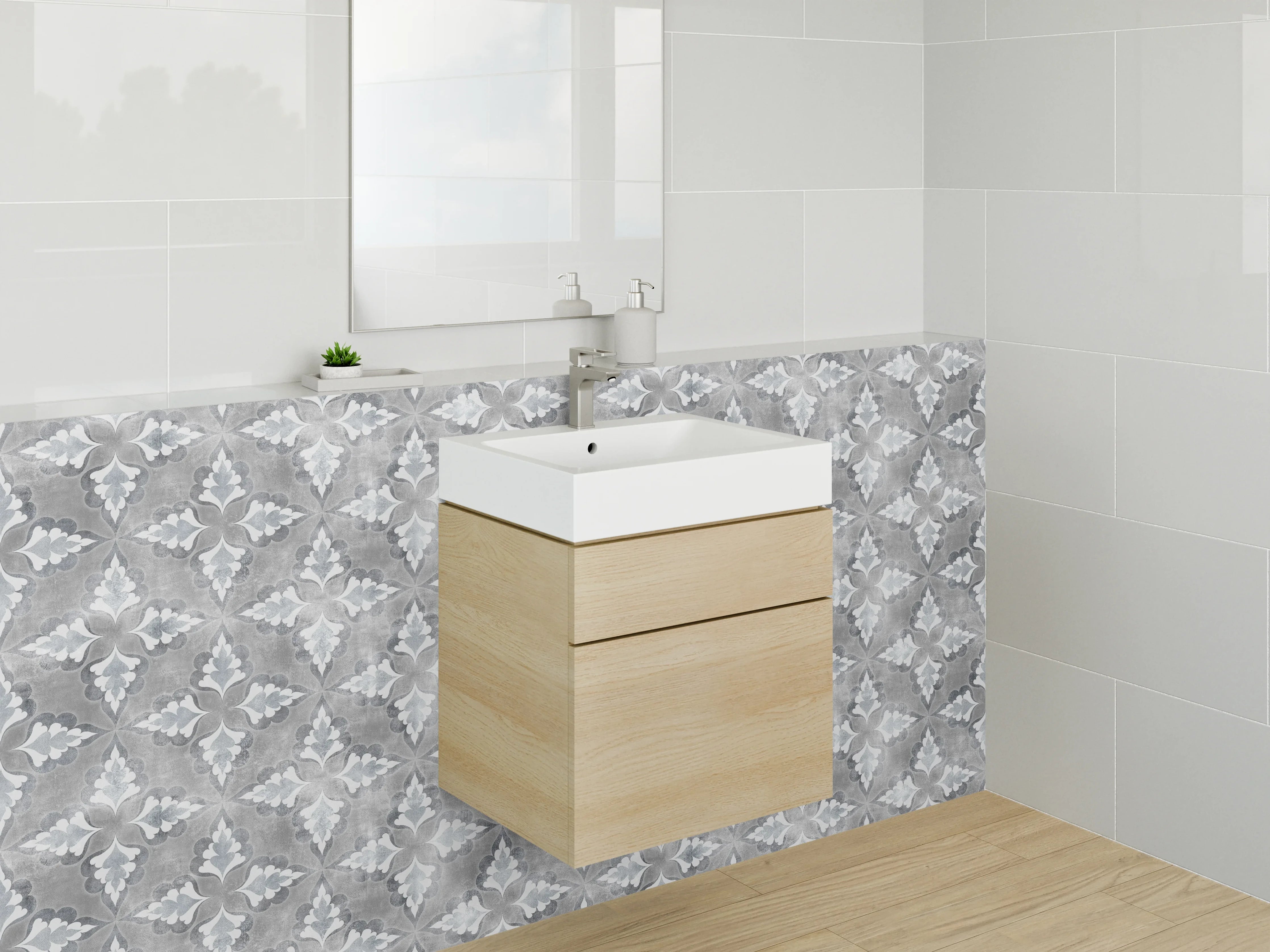 Waschbecken-Rückwand - Vintage Ornament Fliesenmuster Grau-Weiß