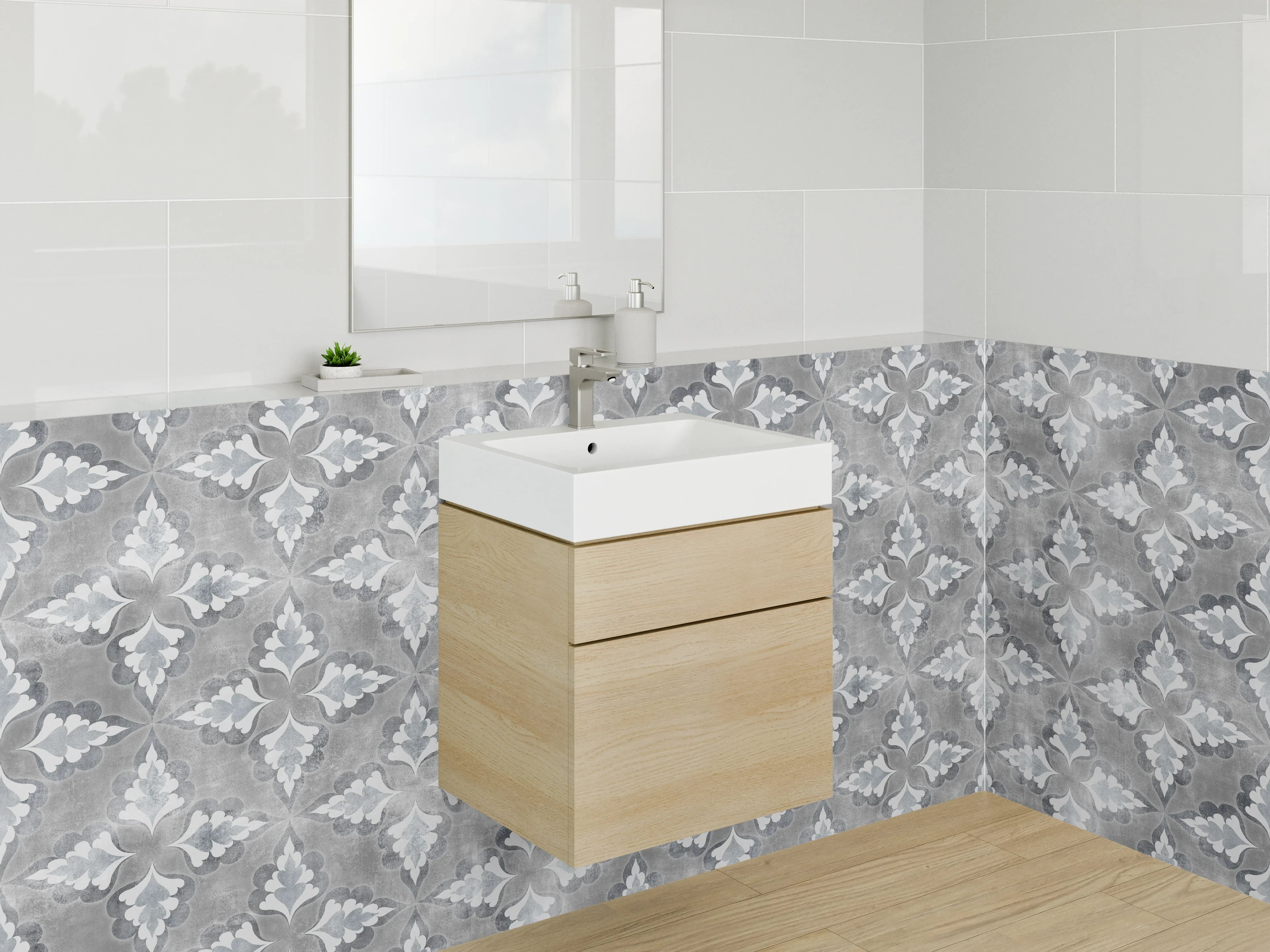 Waschbecken-Rückwand - Vintage Ornament Fliesenmuster Grau-Weiß