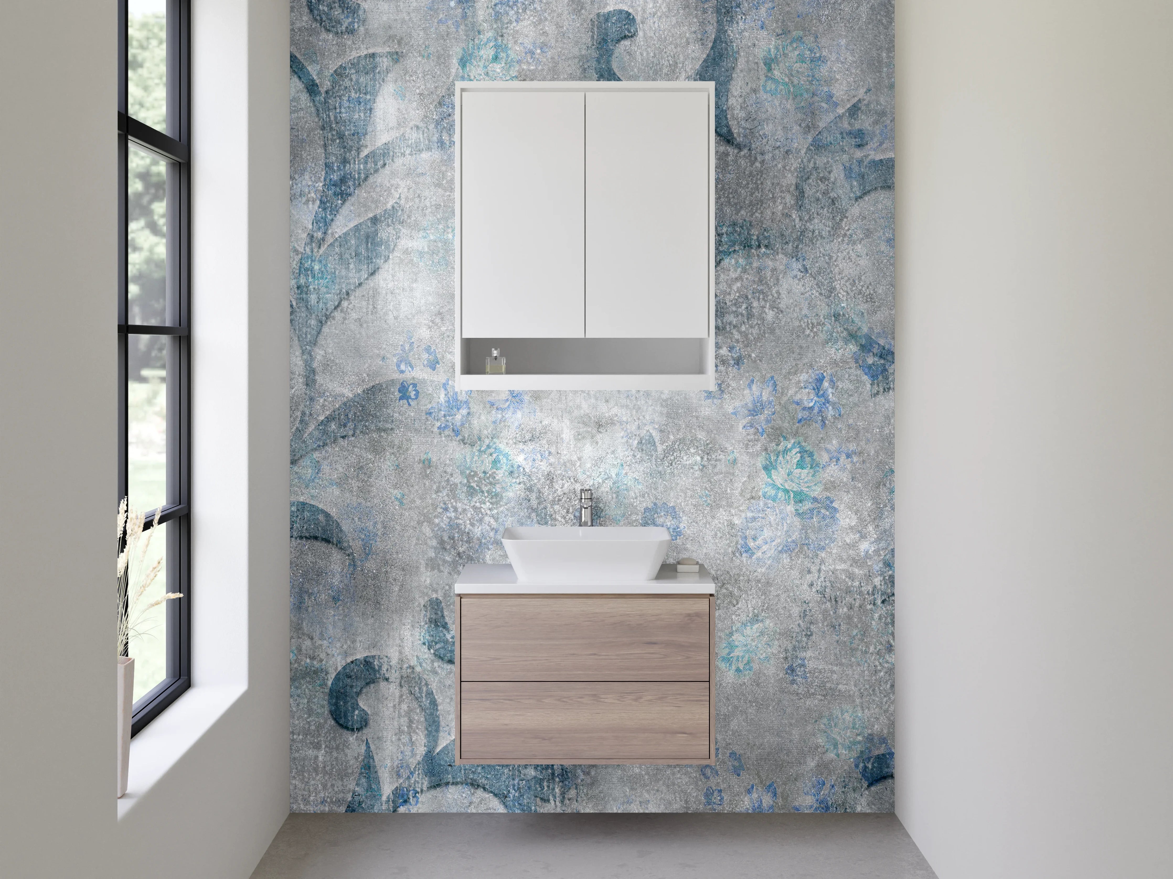 Waschbecken-Rückwand - Vintage Ornament Grau Blau Marmoroptik