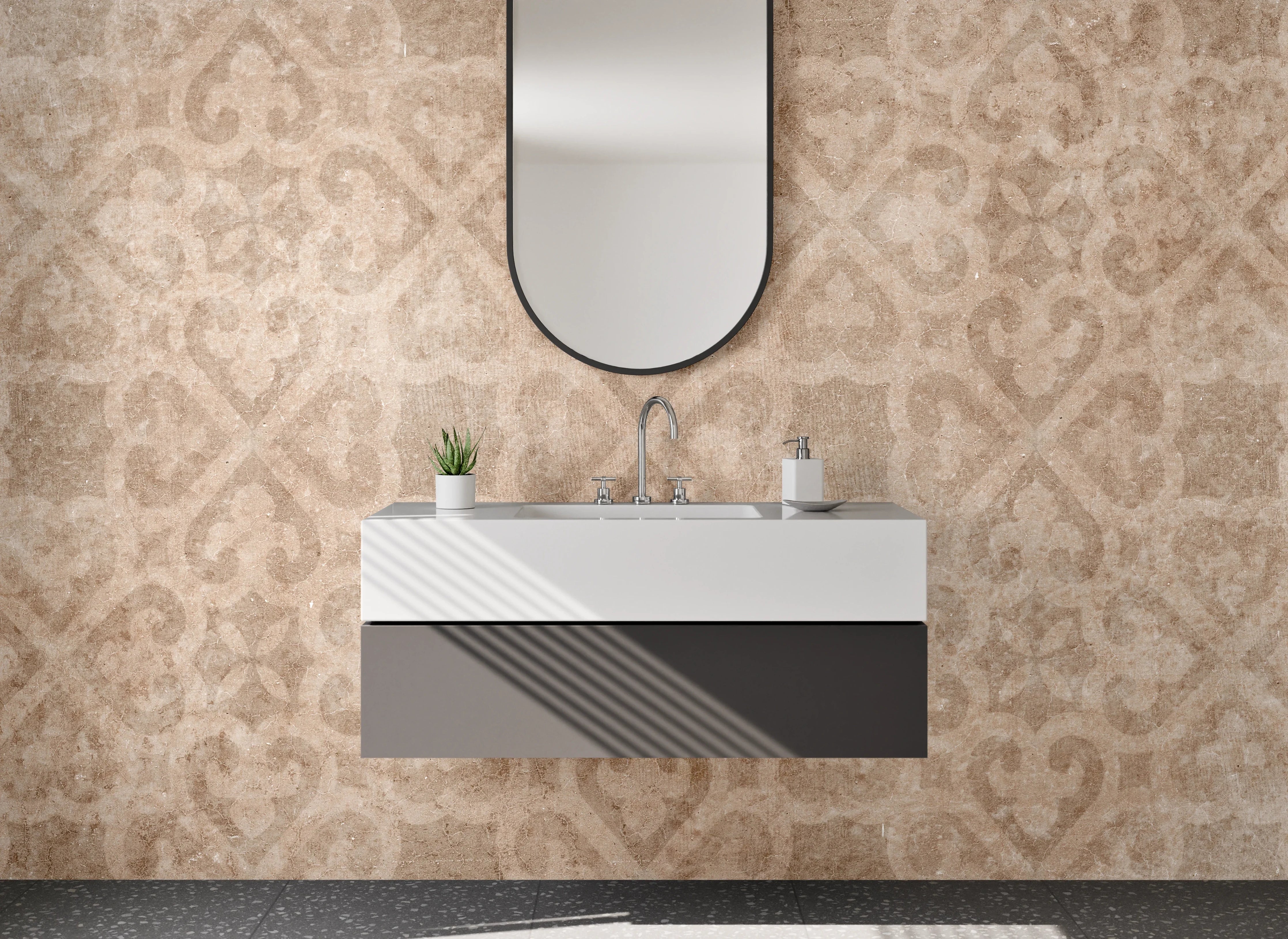 Waschbecken-Rückwand - Vintage Ornamentmuster Beige Braun