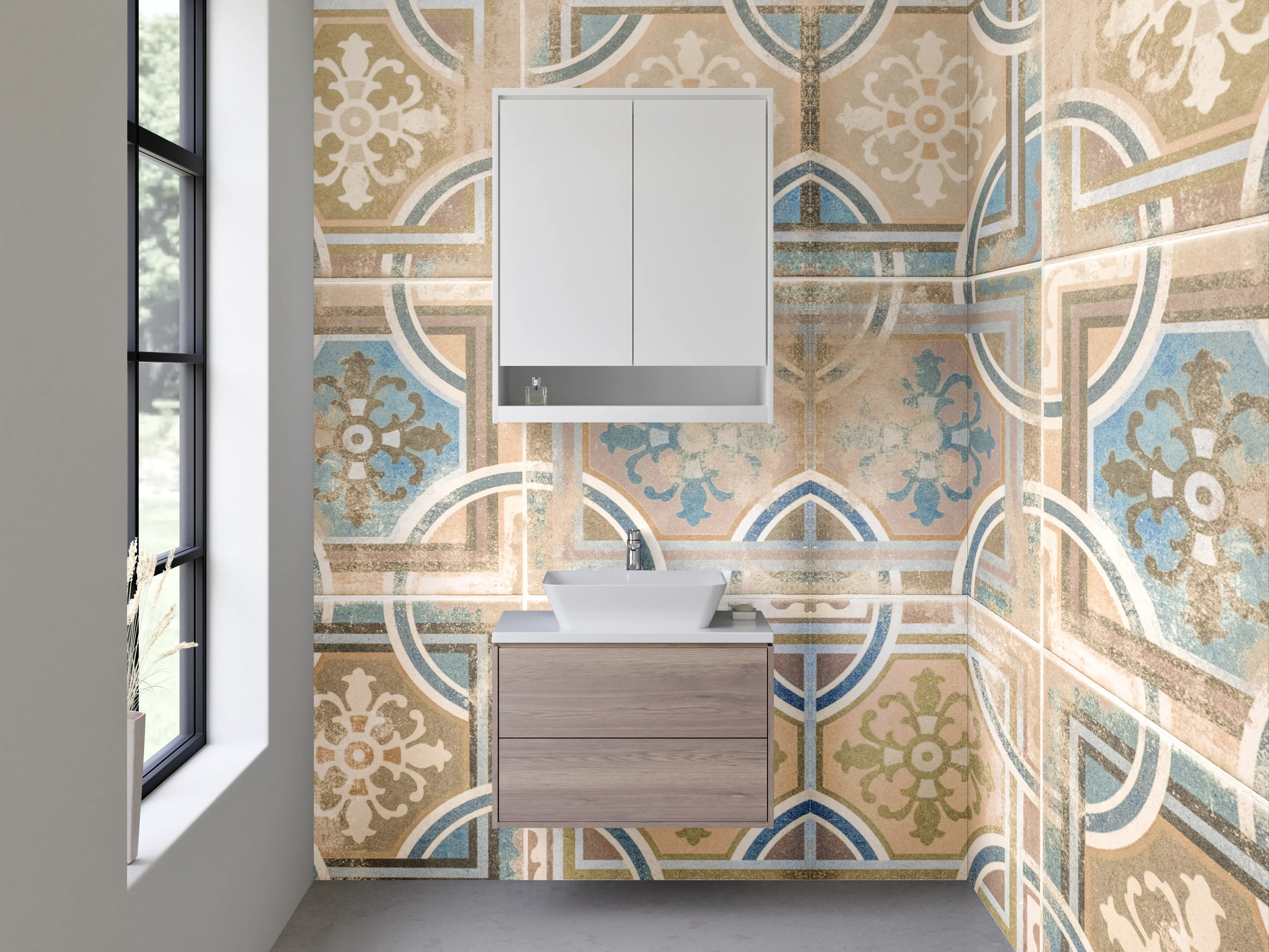 Waschbecken-Rückwand - Vintage Patchwork Fliesenoptik Beige Blau