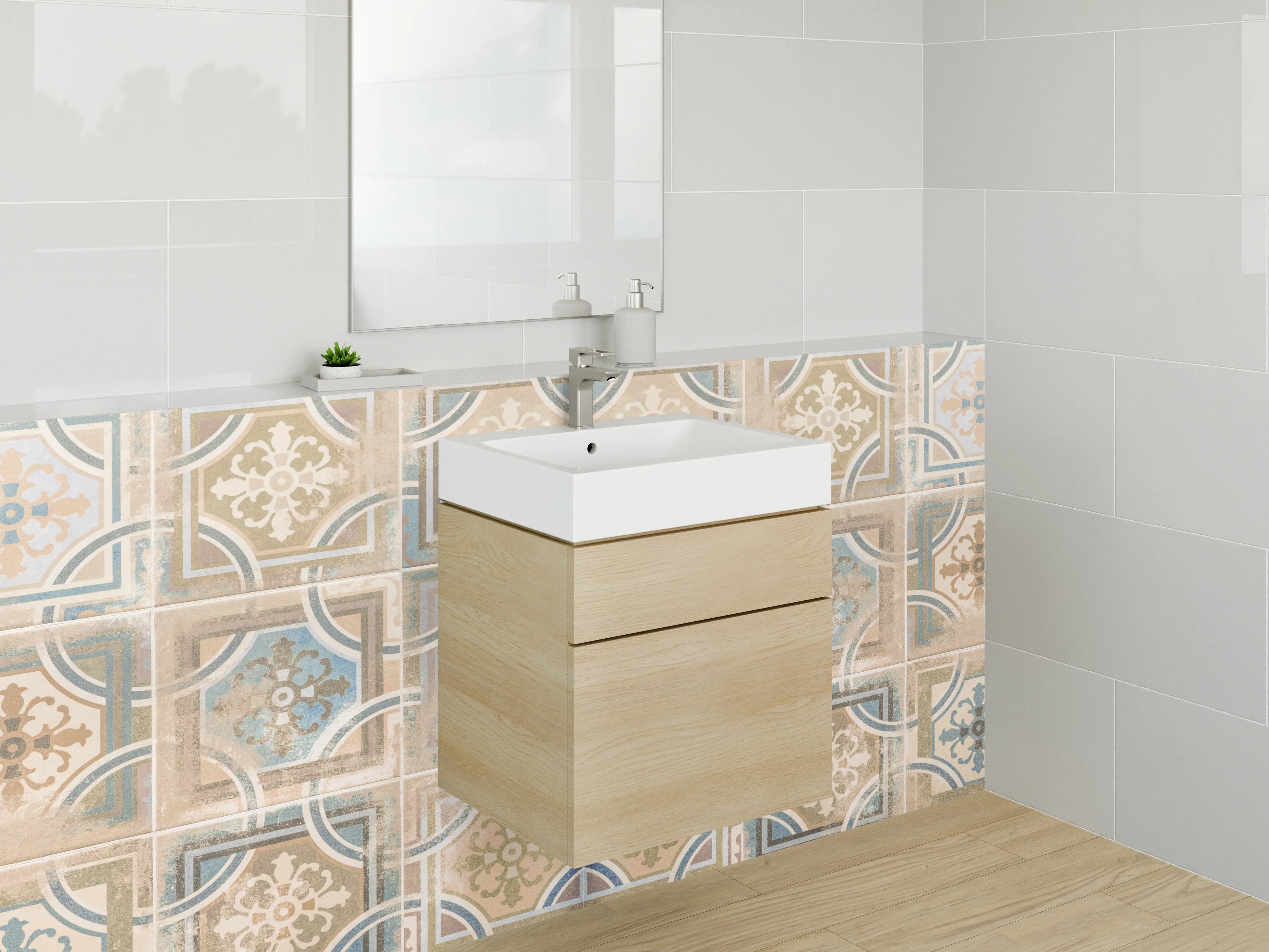 Waschbecken-Rückwand - Vintage Patchwork Fliesenoptik Beige Blau