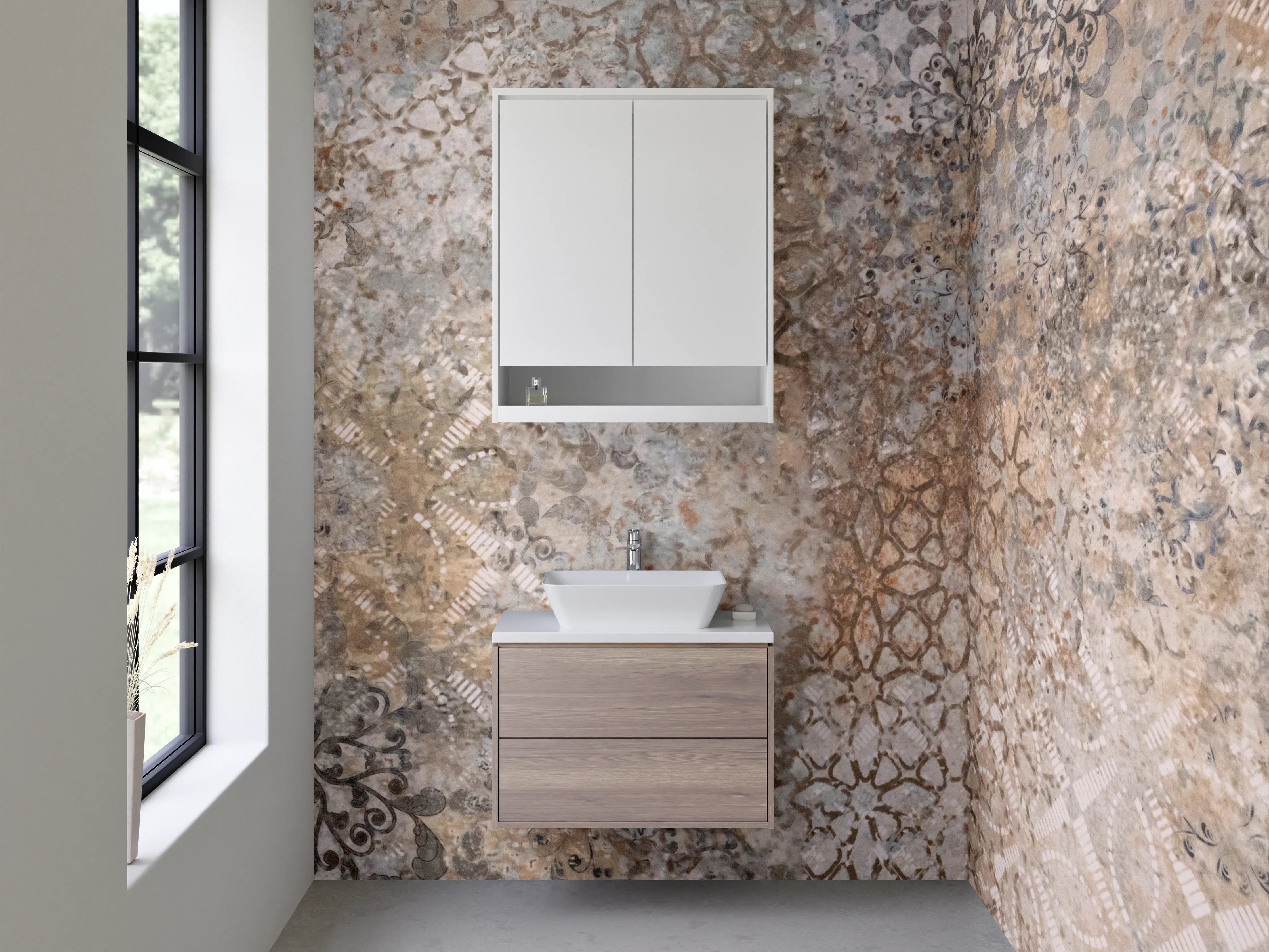 Waschbecken-Rückwand - Vintage Patchwork Fliesenoptik Braun Beige