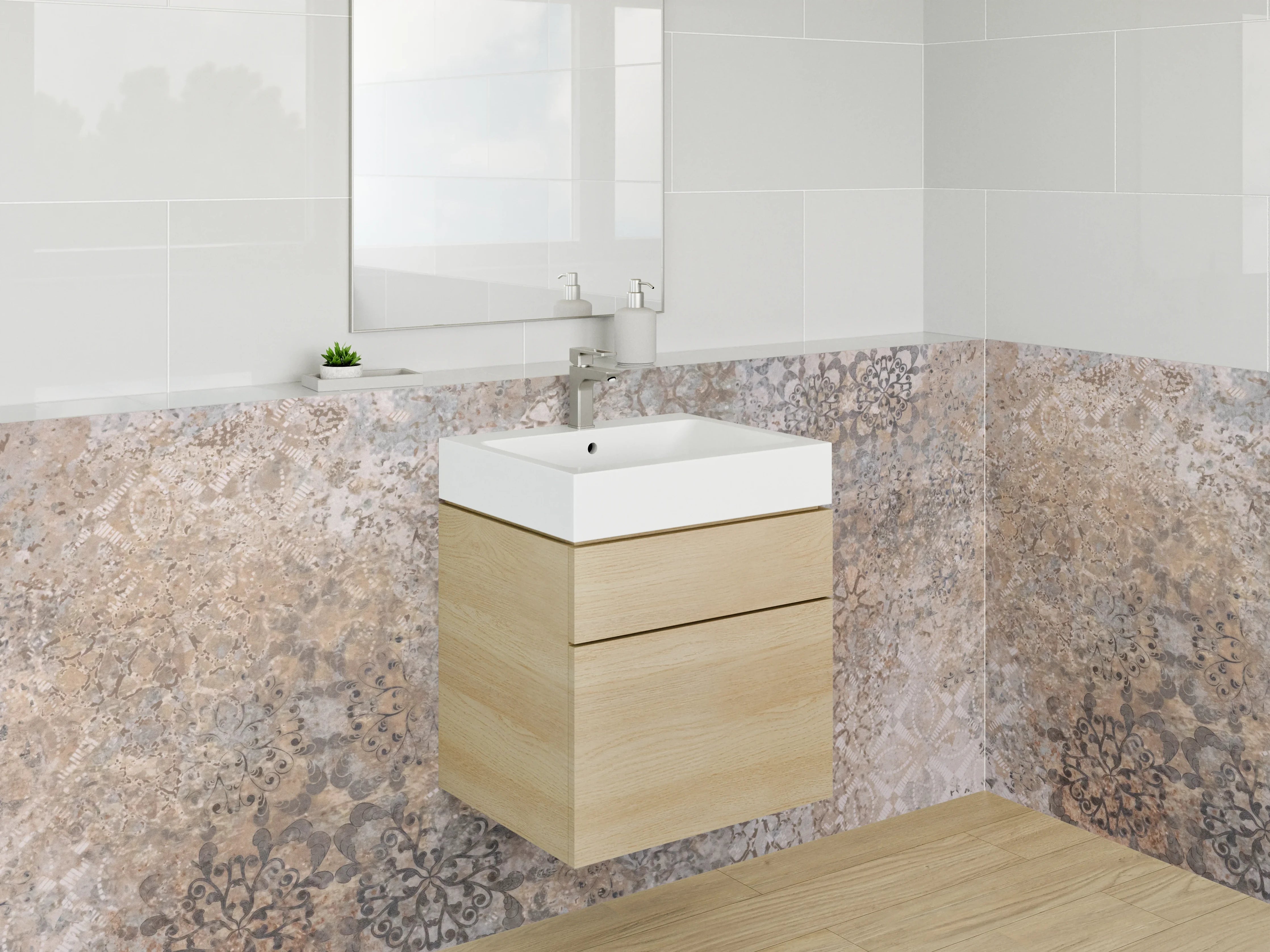 Waschbecken-Rückwand - Vintage Patchwork Fliesenoptik Braun Beige