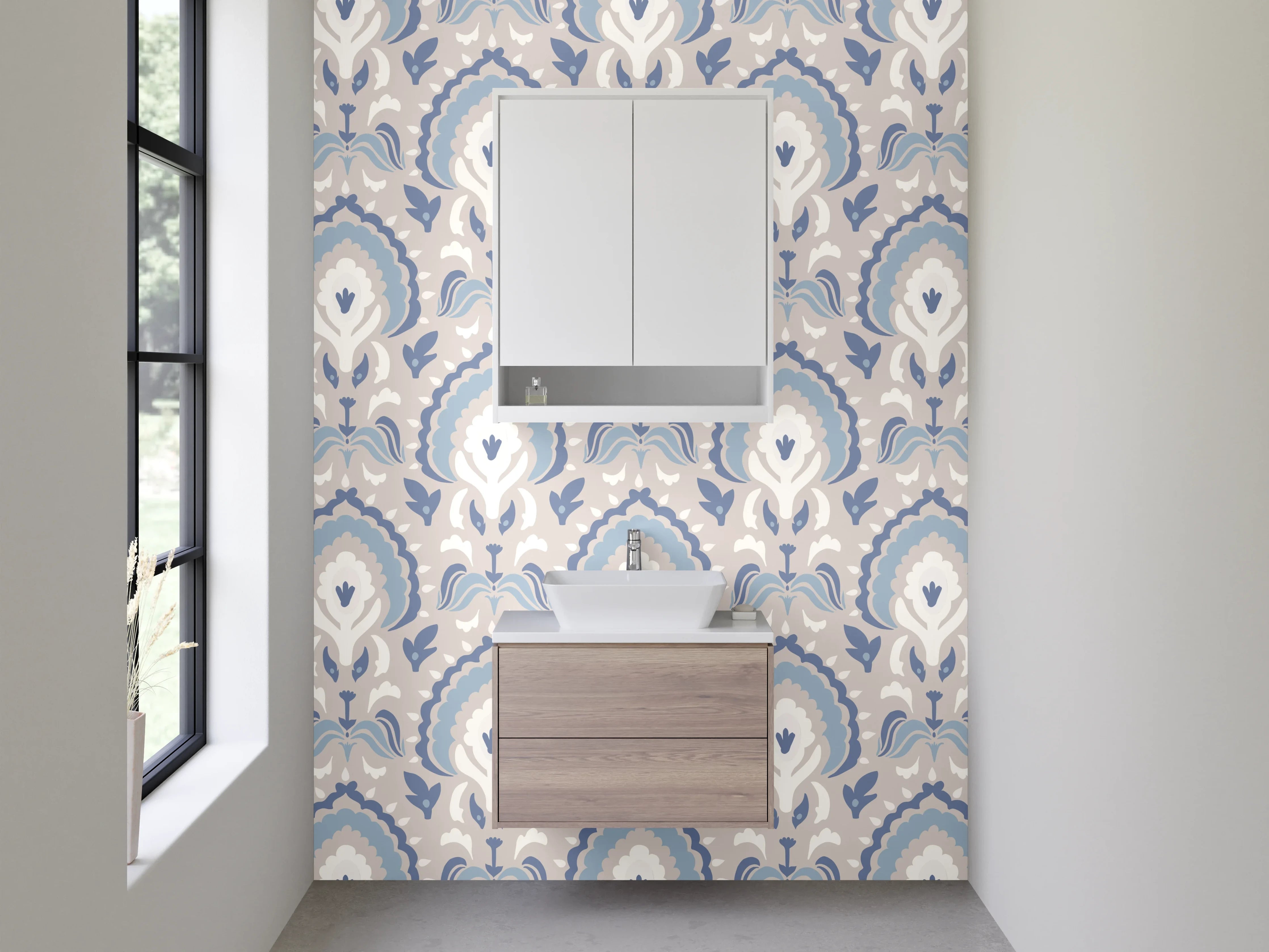 Waschbecken-Rückwand - Vintage Pfauenfeder-Muster in Beige-Grau