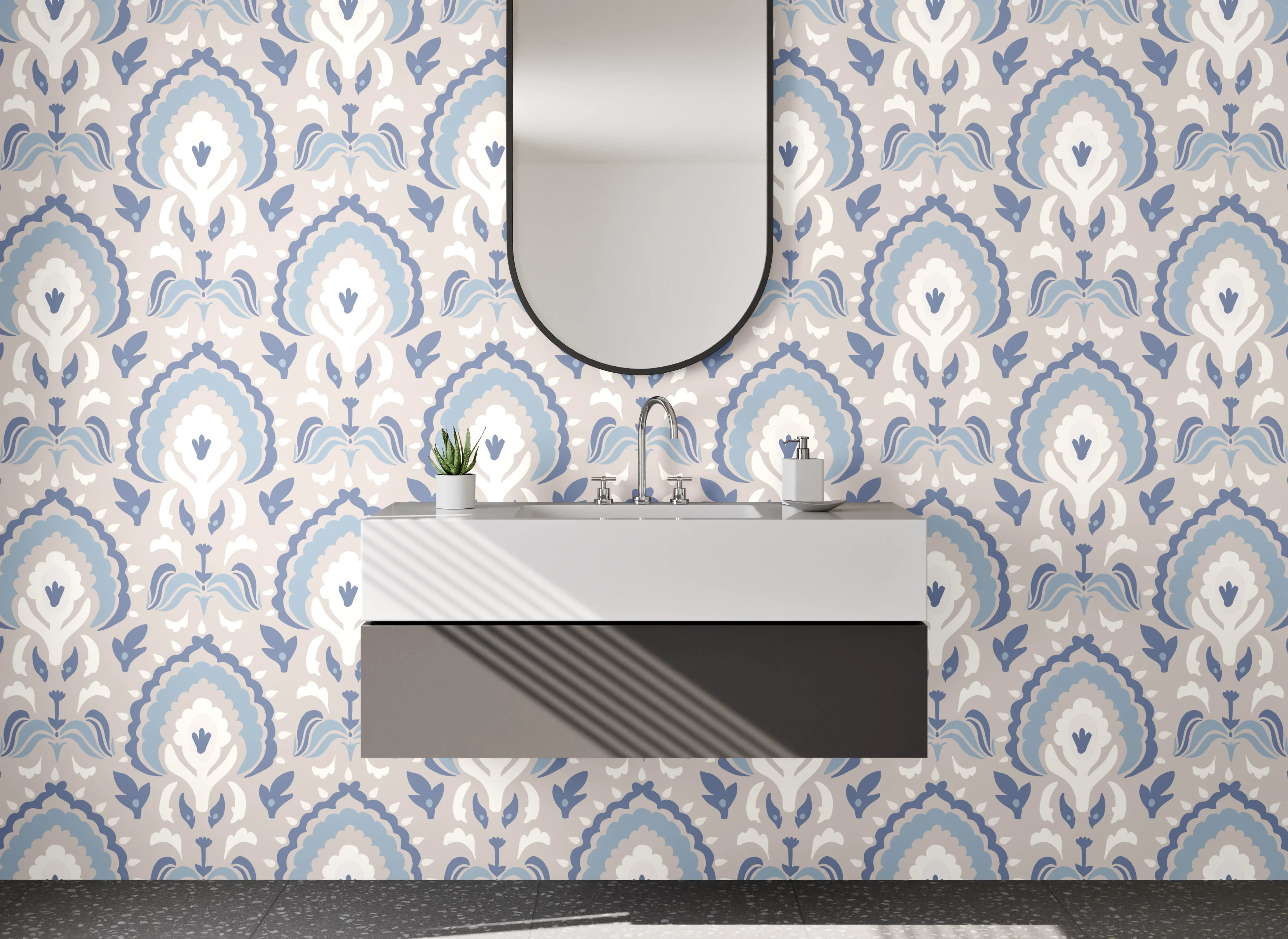 Waschbecken-Rückwand - Vintage Pfauenfeder-Muster in Beige-Grau