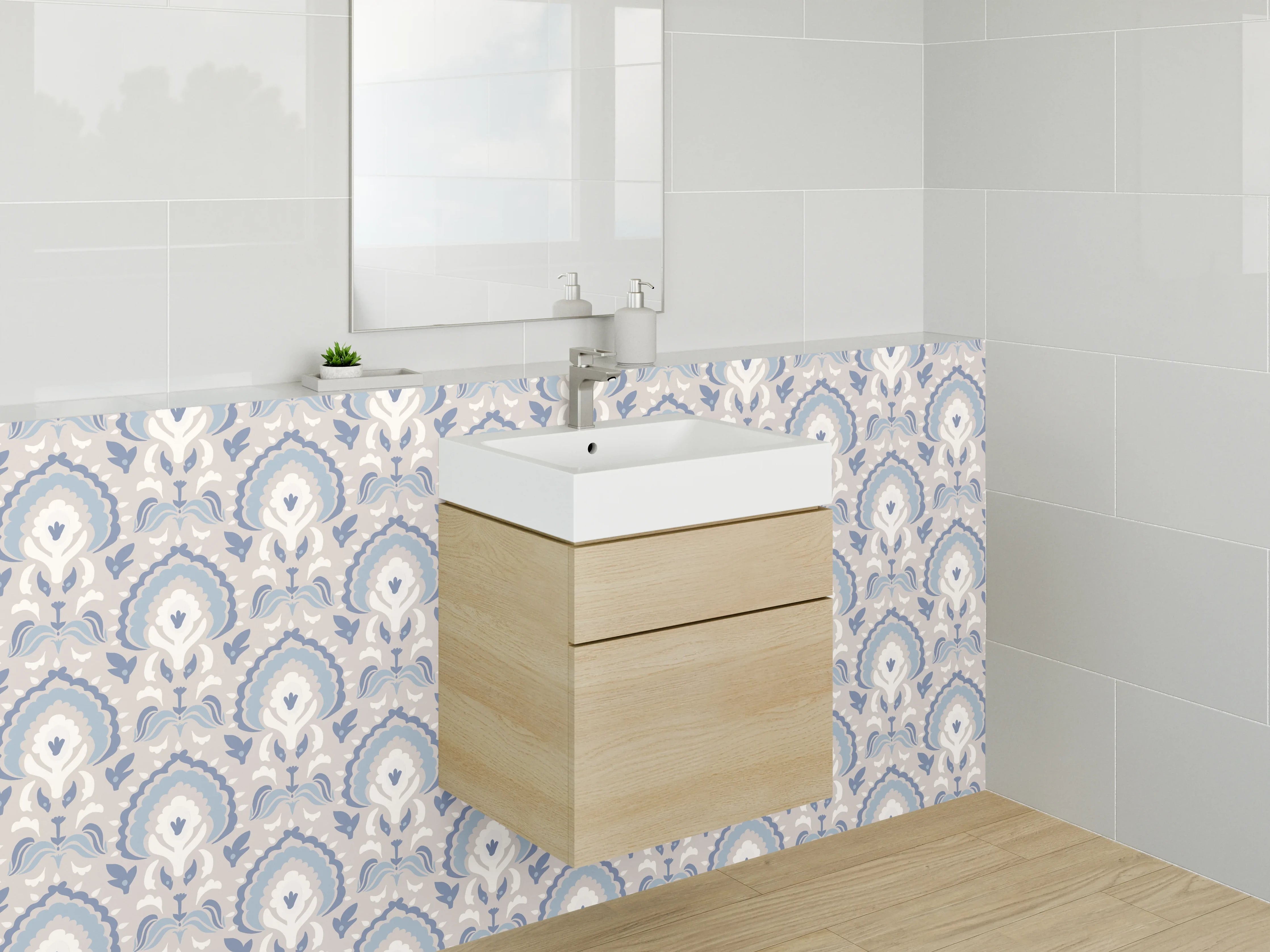 Waschbecken-Rückwand - Vintage Pfauenfeder-Muster in Beige-Grau