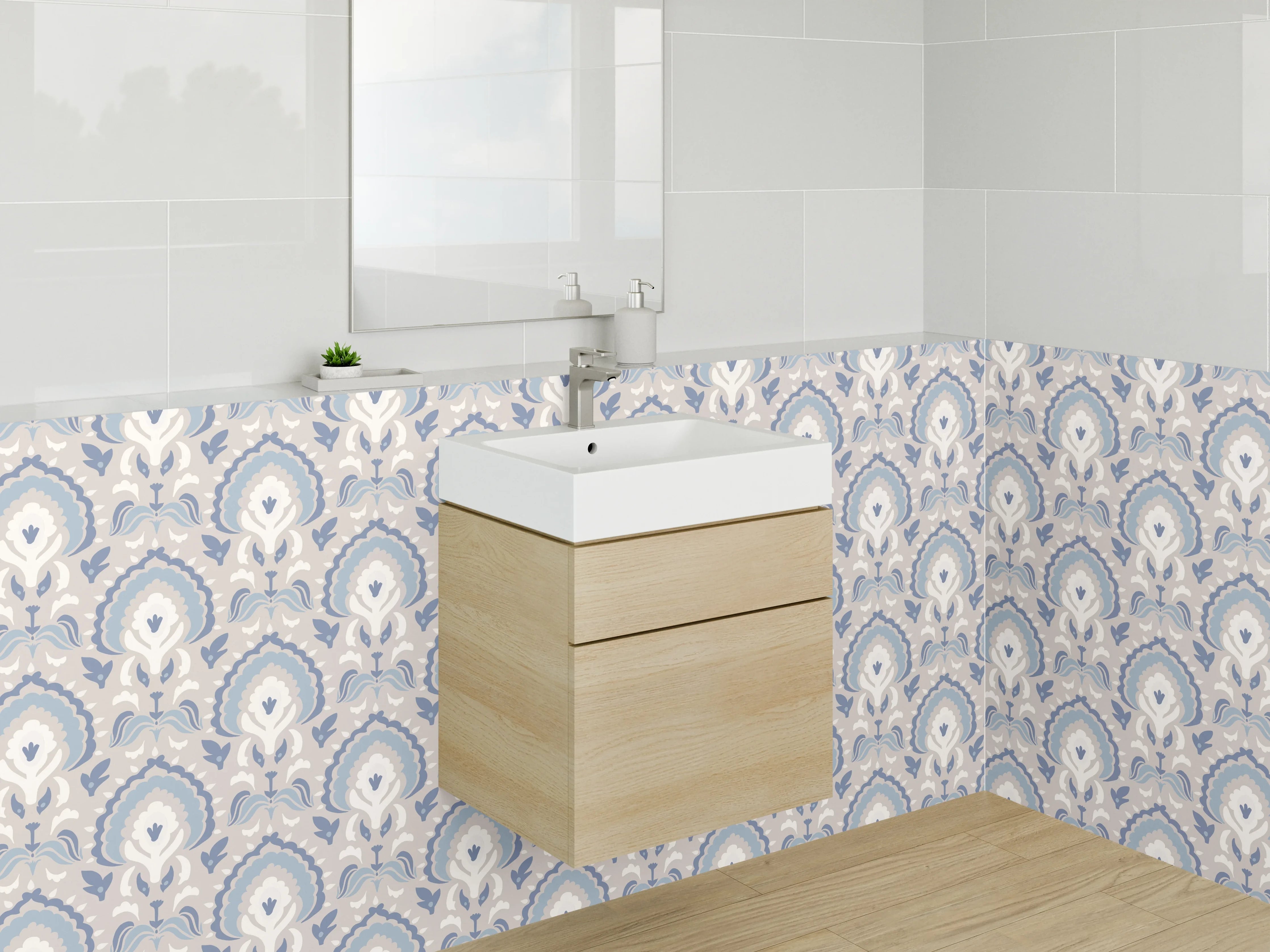 Waschbecken-Rückwand - Vintage Pfauenfeder-Muster in Beige-Grau