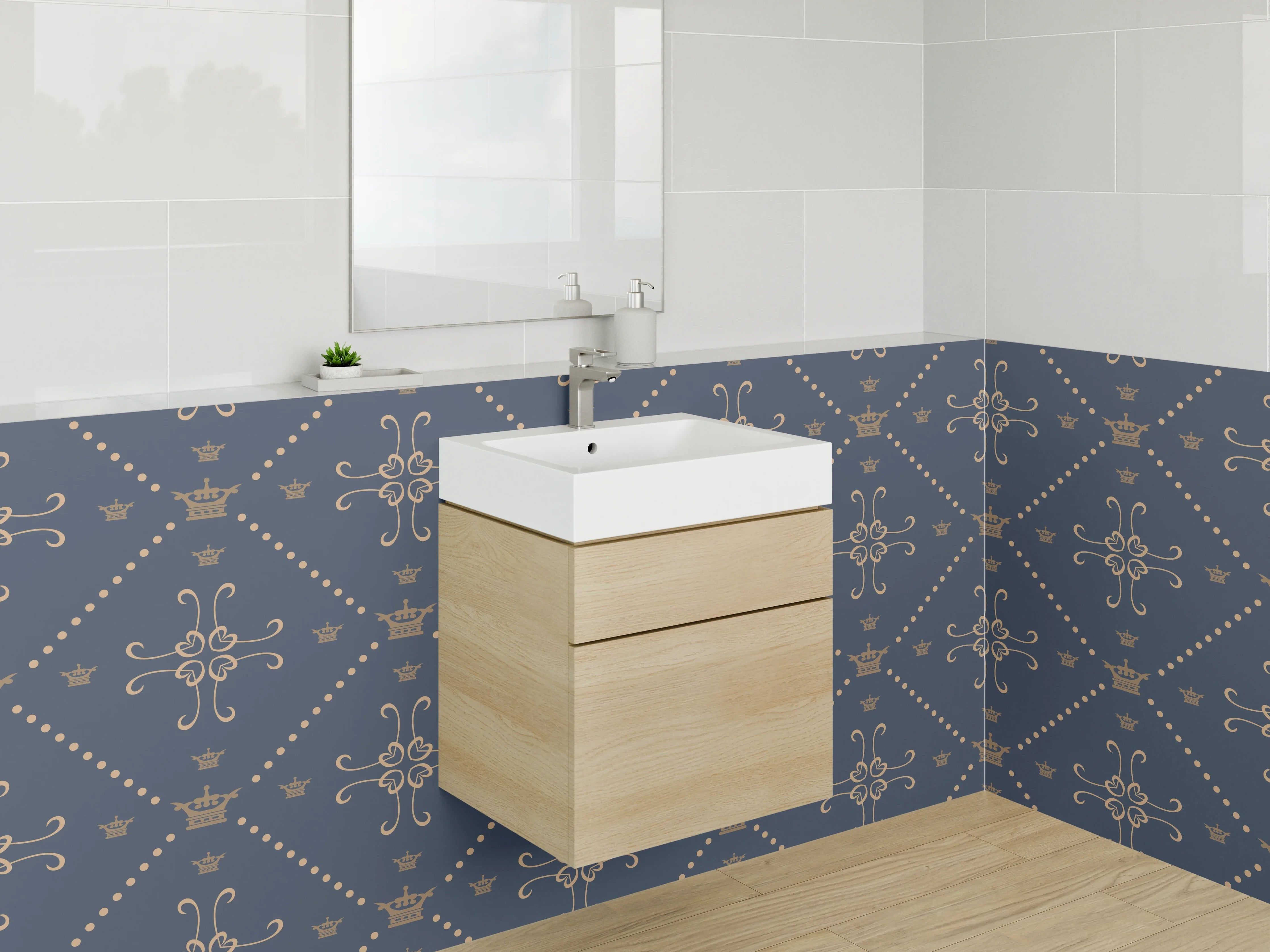 Waschbecken-Rückwand - Vintage Retro Blumenmuster Fliesen Blau